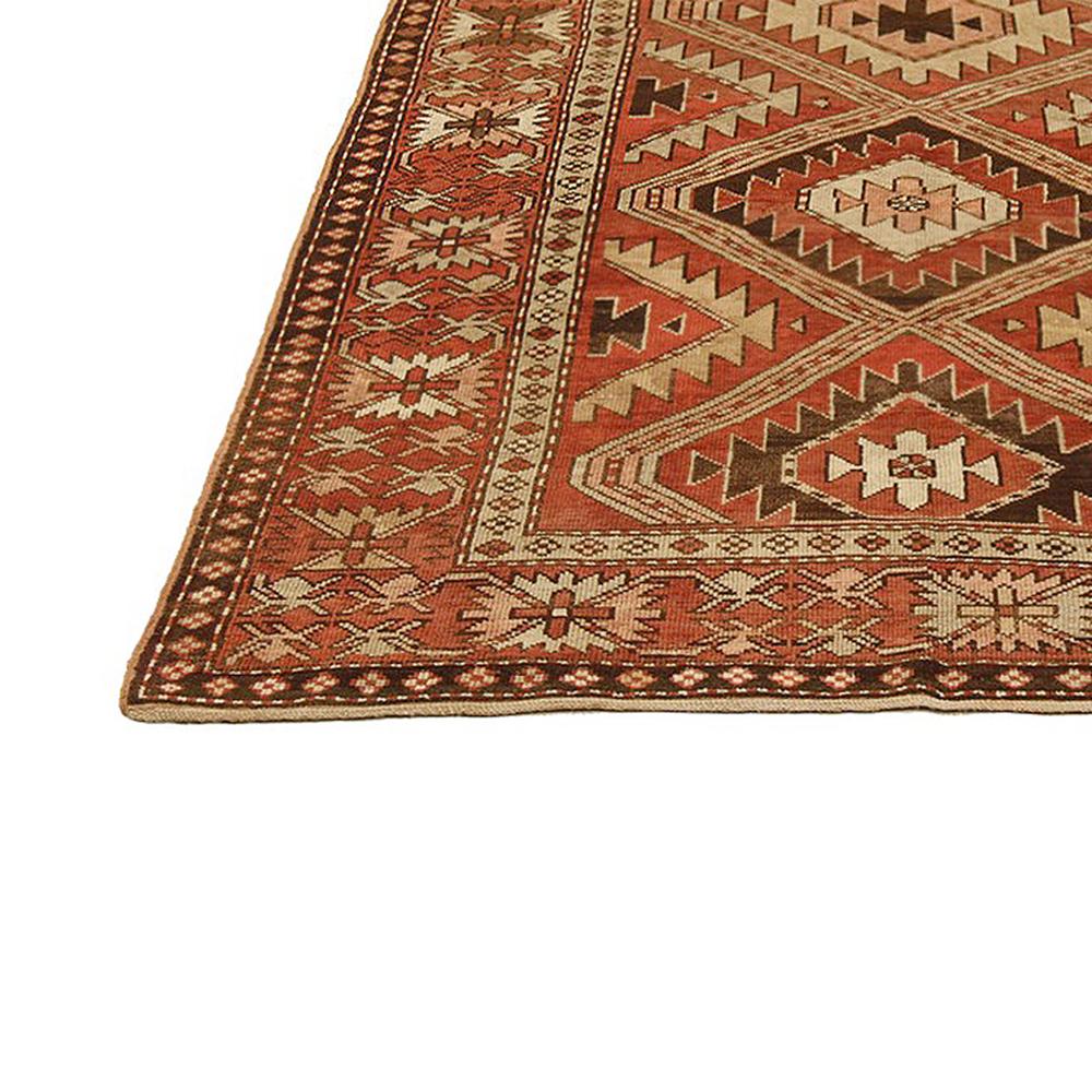 Antique Russian Kazak Rug with Beige and Brown Geometric Medallions In Excellent Condition For Sale In Dallas, TX