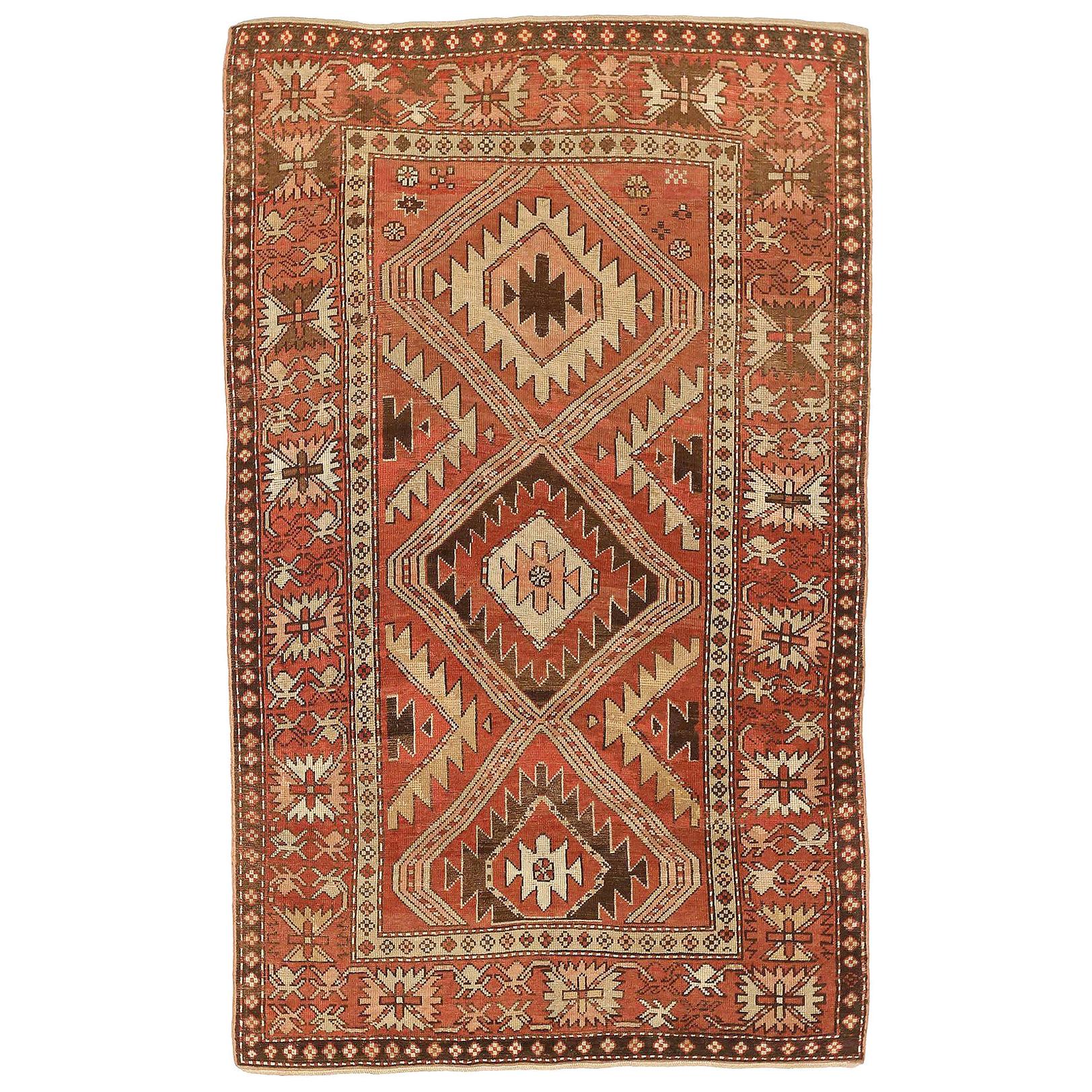 Antique Russian Kazak Rug with Beige and Brown Geometric Medallions