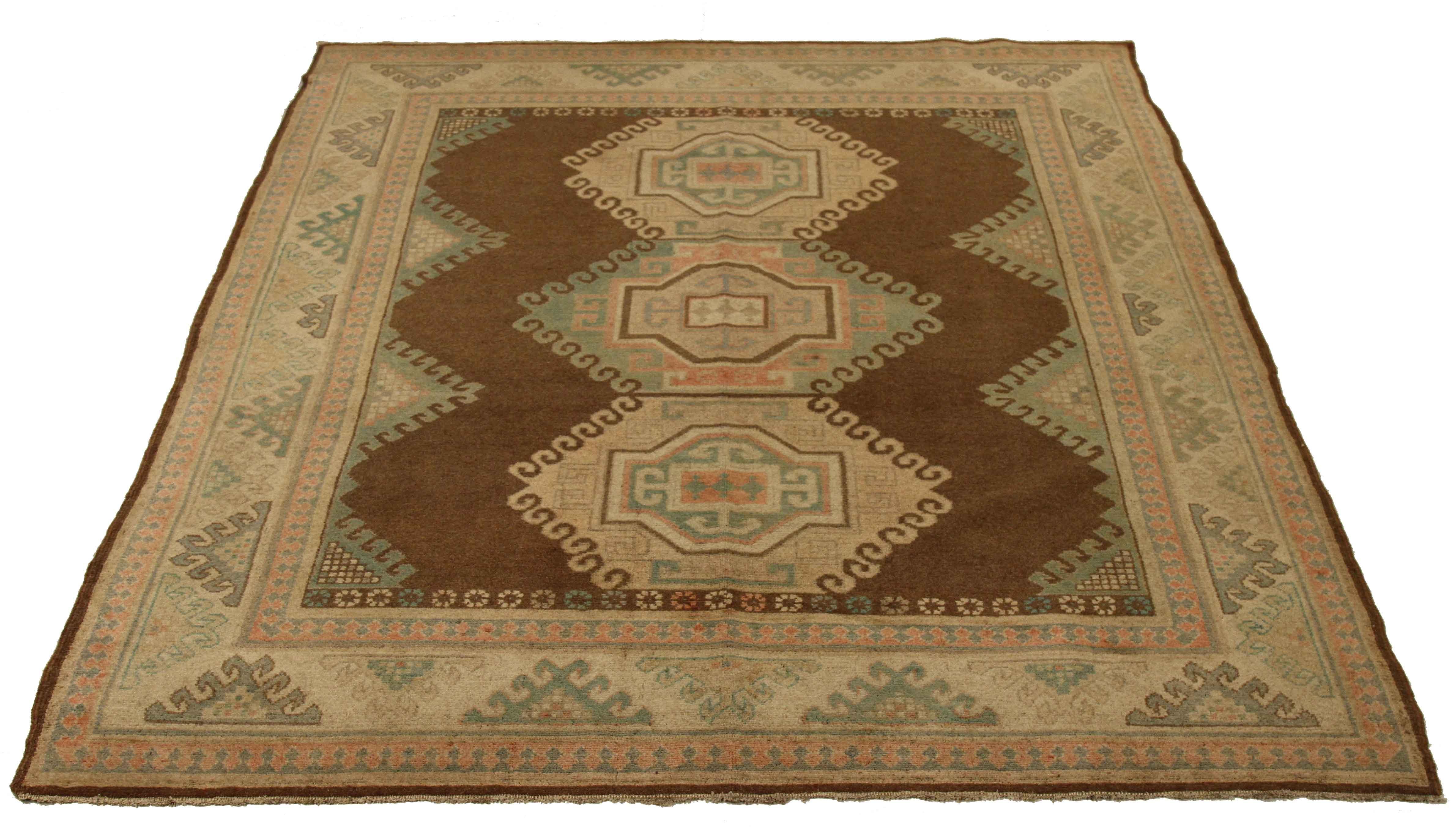Oushak Antique Russian Kazak Rug with Beige & Green Geometric Medallions For Sale