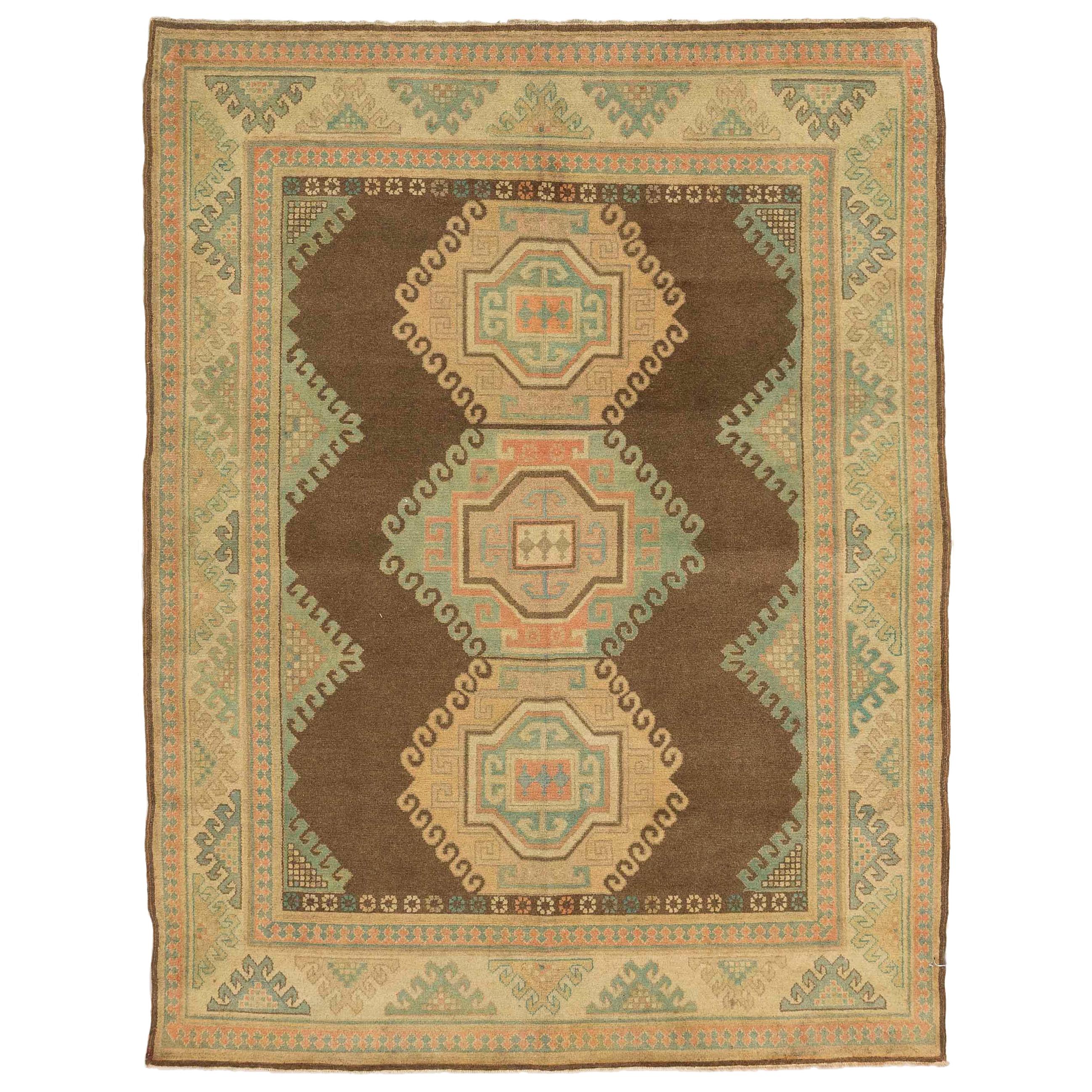 Antique Russian Kazak Rug with Beige & Green Geometric Medallions For Sale