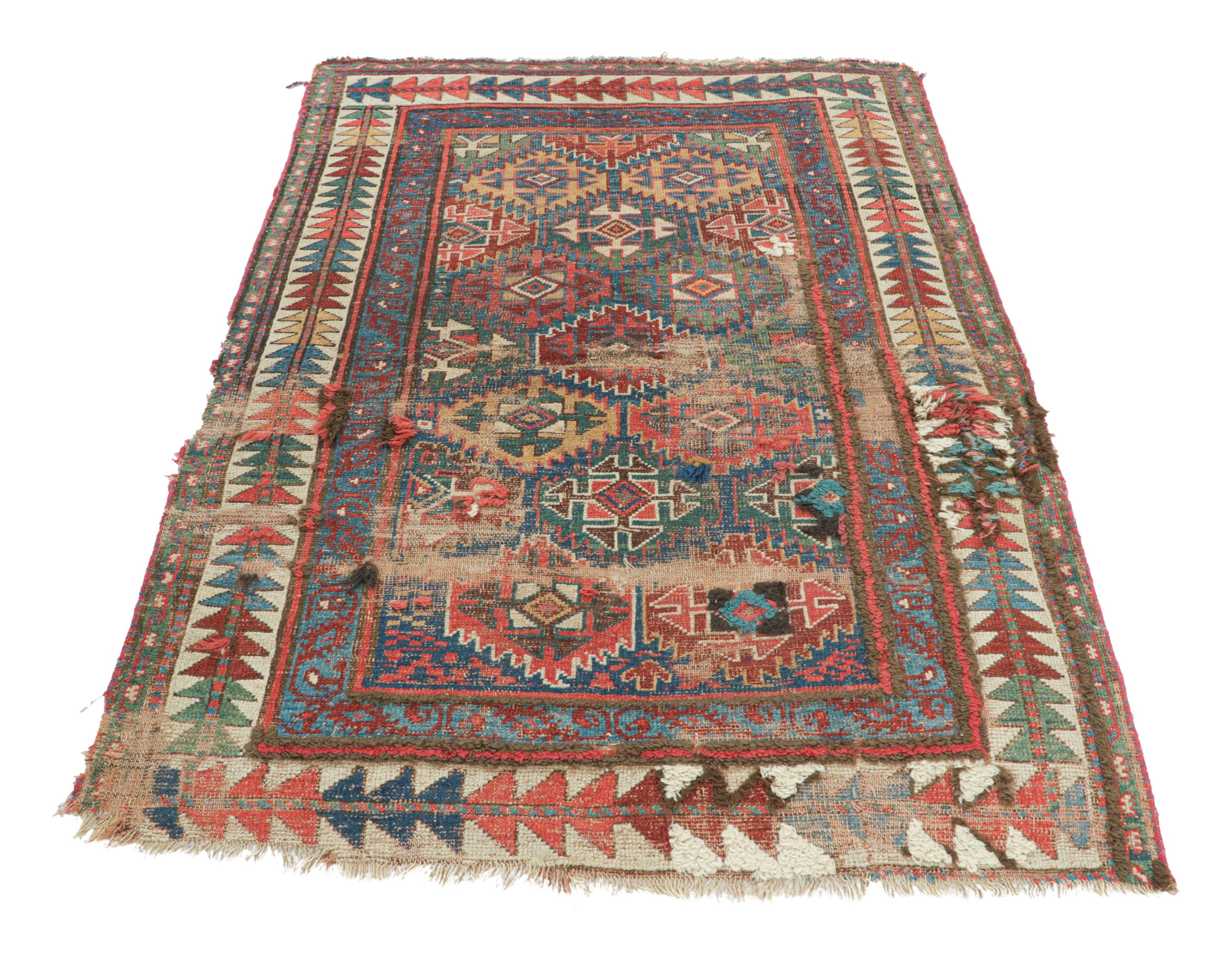 Early 20th Century Antique Russian Kazak Rug with Blue and Red Geometric Patterns - Rug & Kilim For Sale