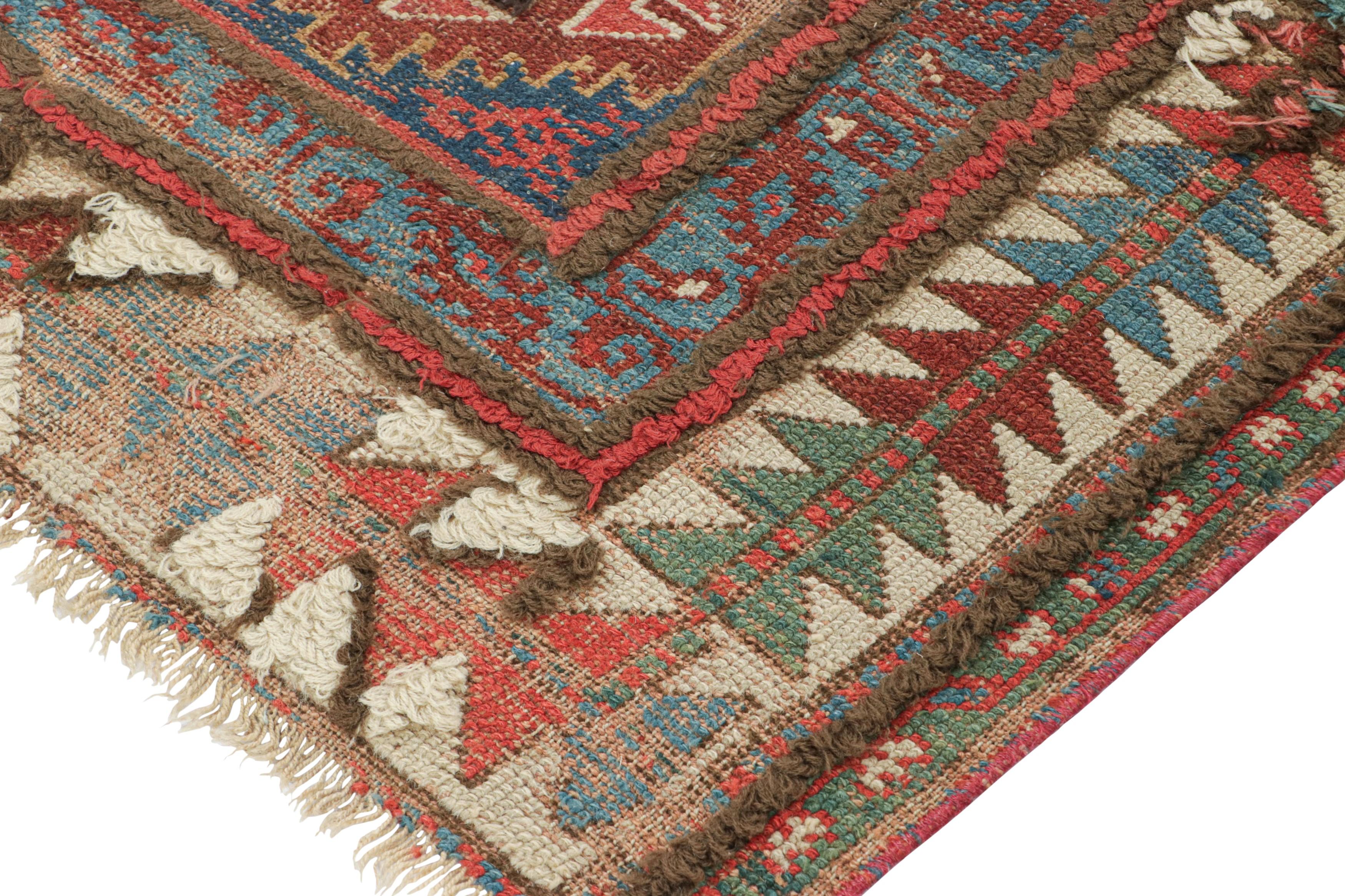 Wool Antique Russian Kazak Rug with Blue and Red Geometric Patterns - Rug & Kilim For Sale