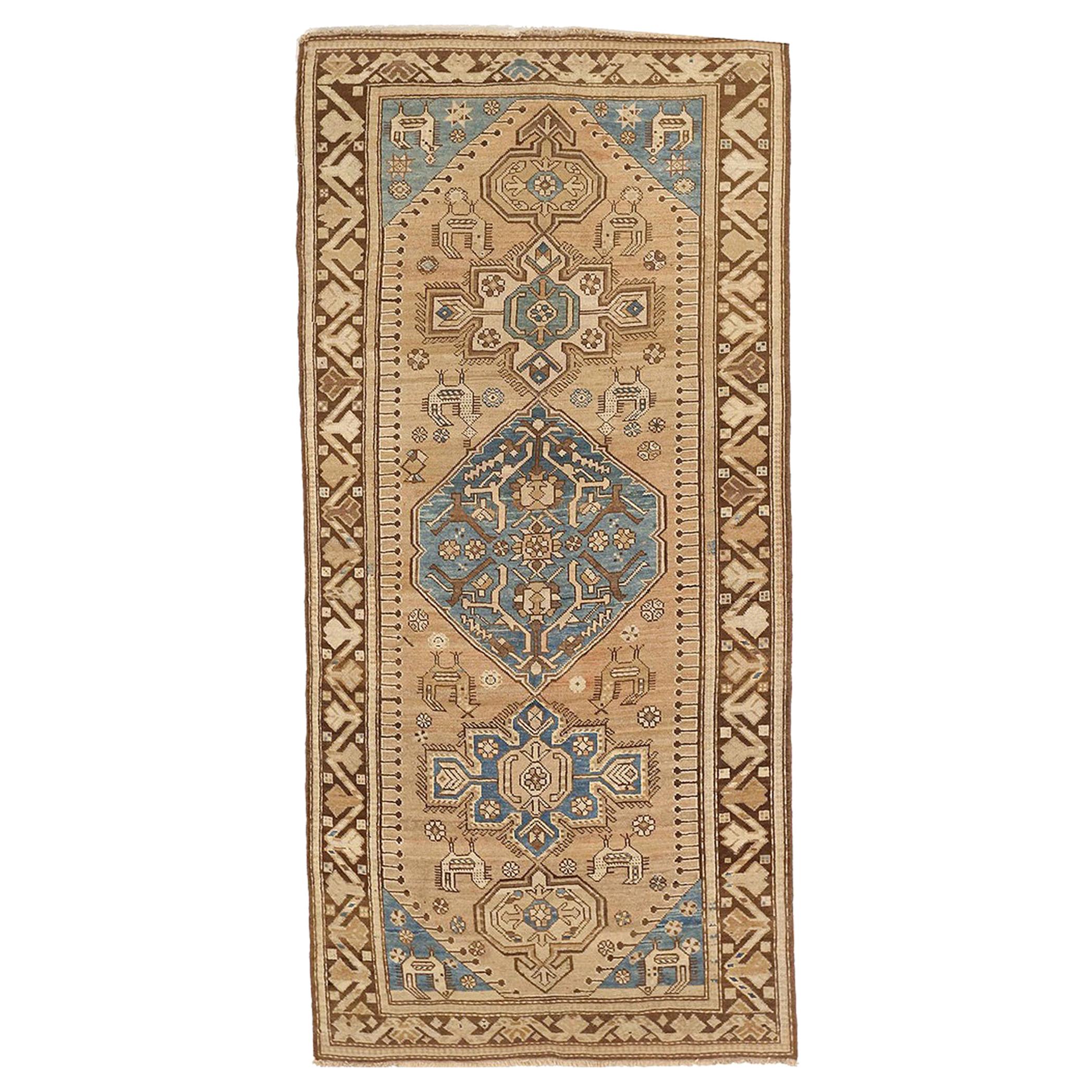 Antique Russian Kazak Rug with Brown and Blue Flower Medallions For Sale