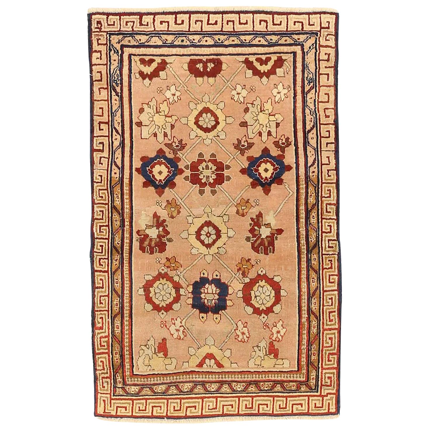 Antique Russian Kazak Rug with Navy and Red Flower Medallions