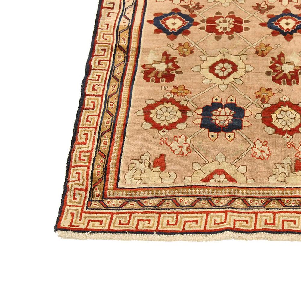 Antique Russian Kazak Rug with Navy and Red Flower Medallions In Excellent Condition For Sale In Dallas, TX