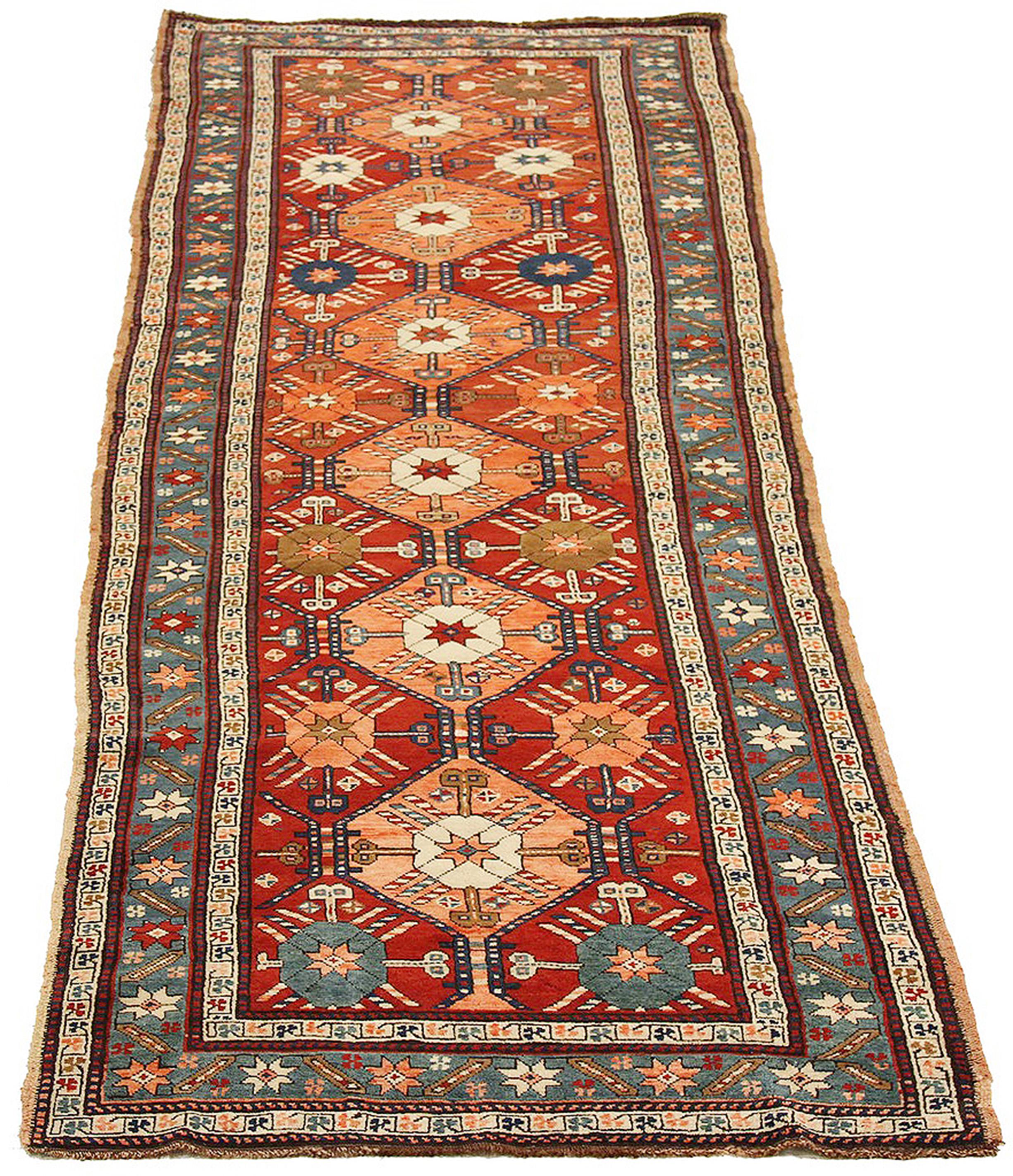 Malayer Antique Russian Kazak Runner Rug with Colored Stars & Geometric Medallions For Sale