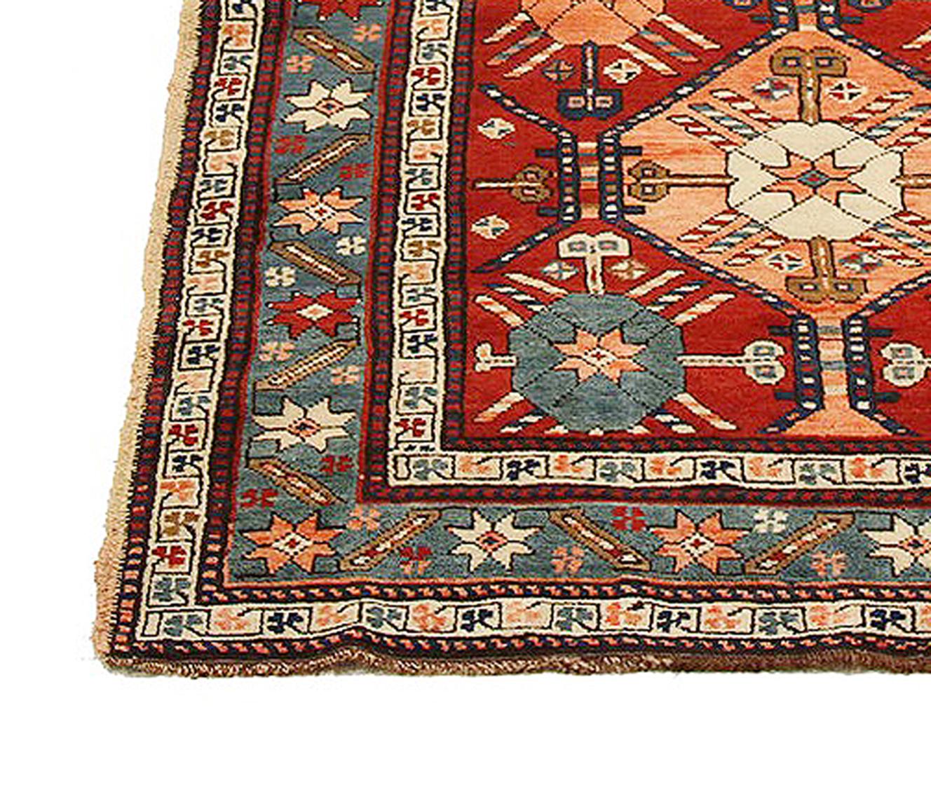 Persian Antique Russian Kazak Runner Rug with Colored Stars & Geometric Medallions For Sale