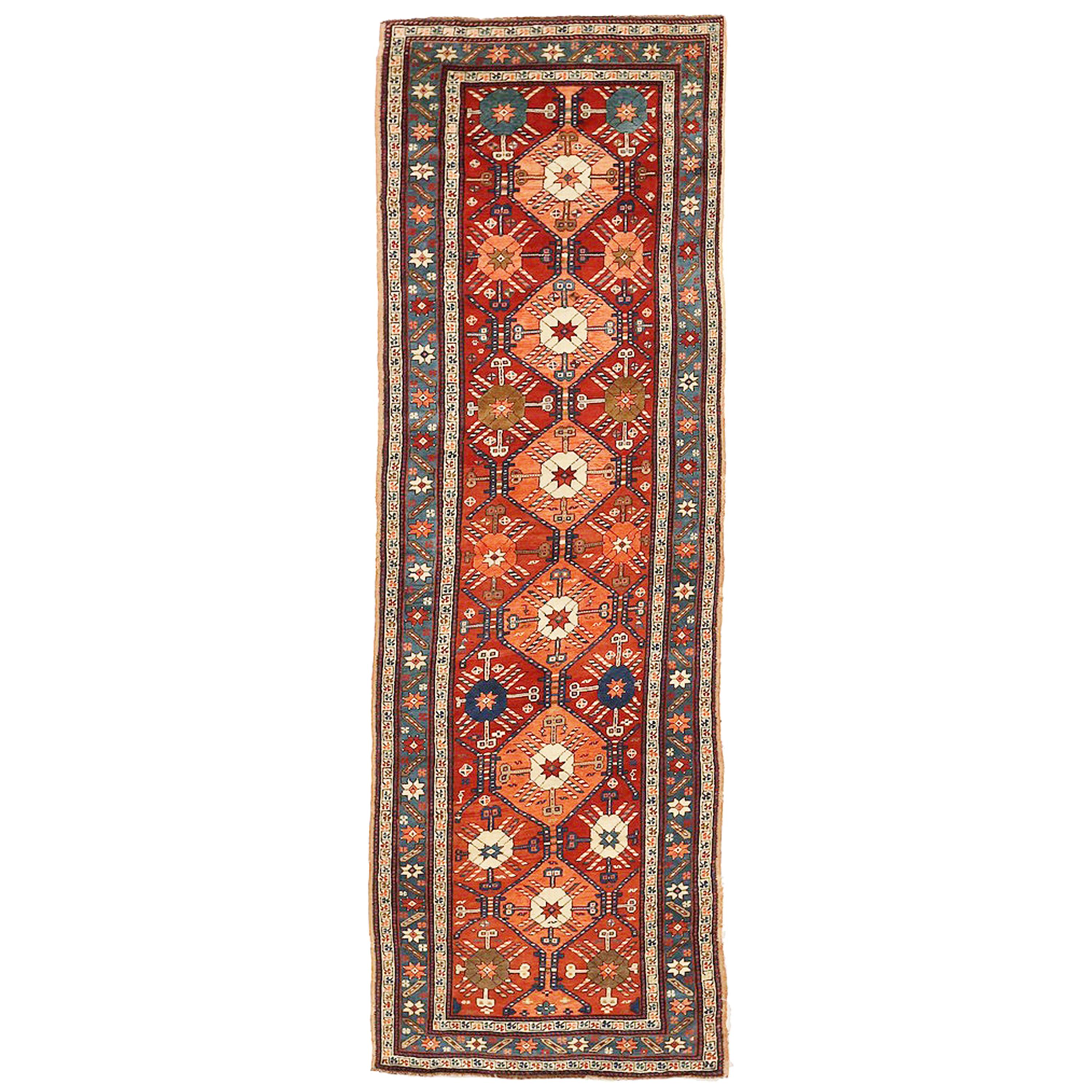 Antique Russian Kazak Runner Rug with Colored Stars & Geometric Medallions For Sale