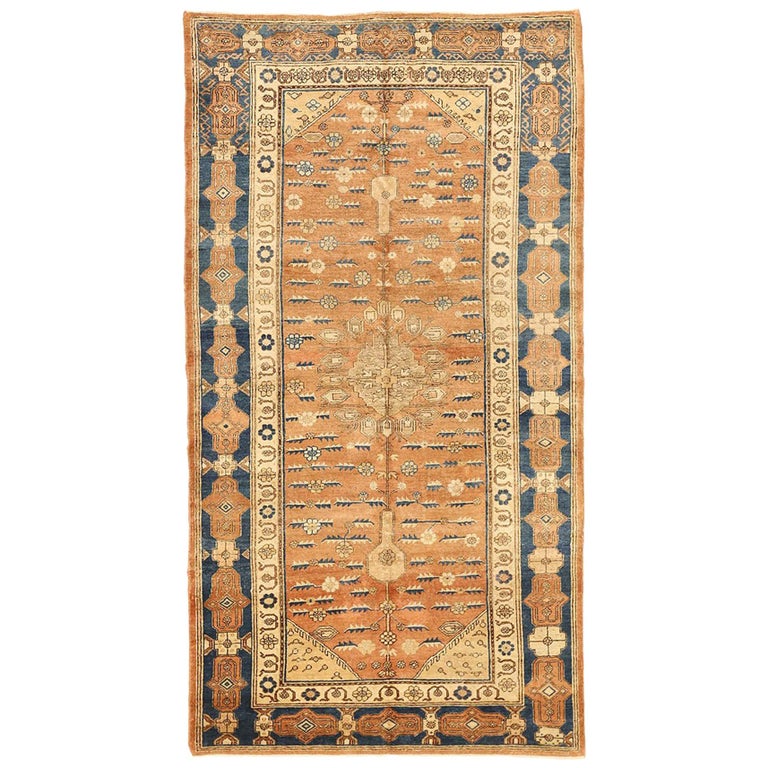 Antique Russian Khotan Rug with Blue and Beige Floral Patterns on Brown ...