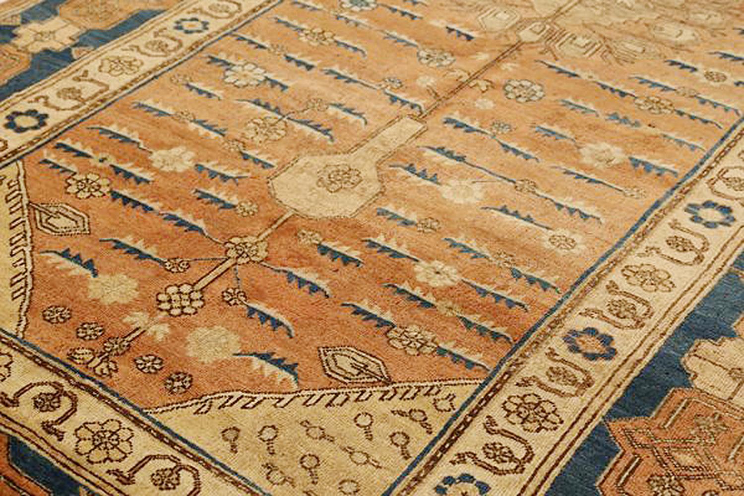 Antique Russian Khotan Rug with Blue and Beige Floral Patterns on Brown Field In Excellent Condition For Sale In Dallas, TX