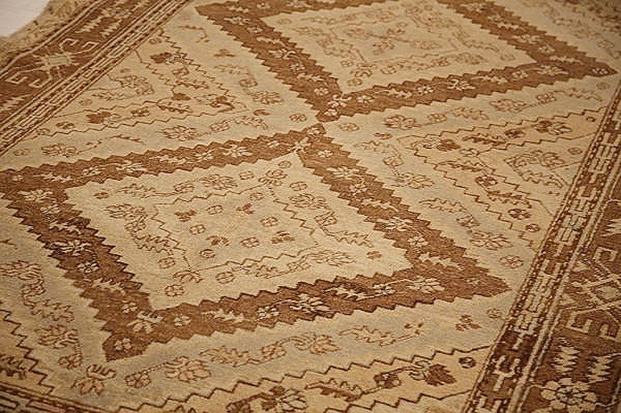 Sarouk Farahan  Antique Russian Khotan Rug with Brown Diamond Details on Beige Field For Sale