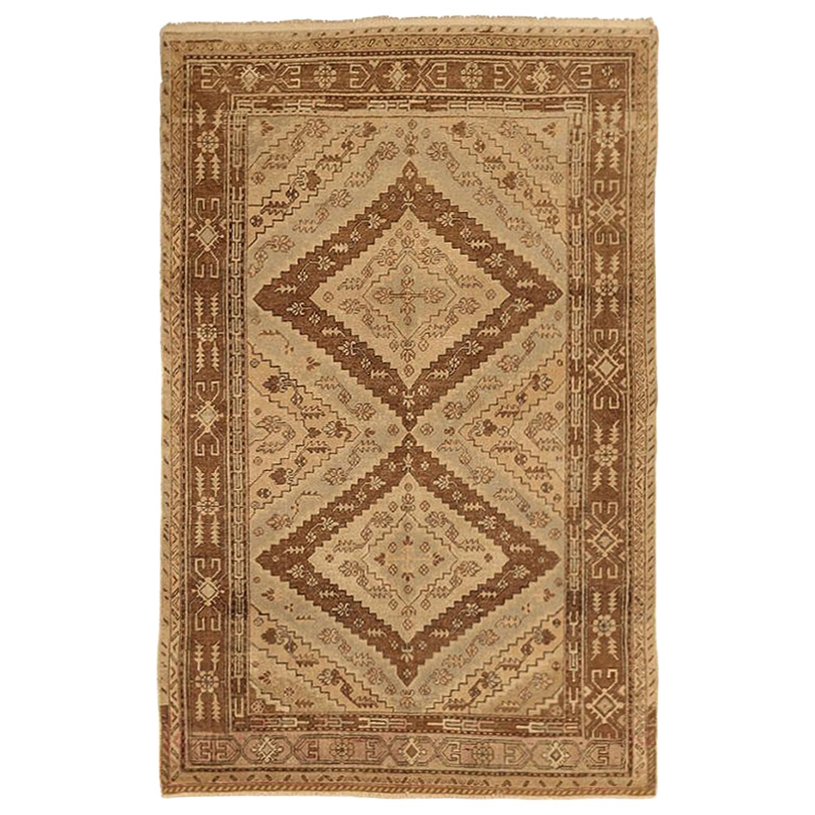  Antique Russian Khotan Rug with Brown Diamond Details on Beige Field For Sale