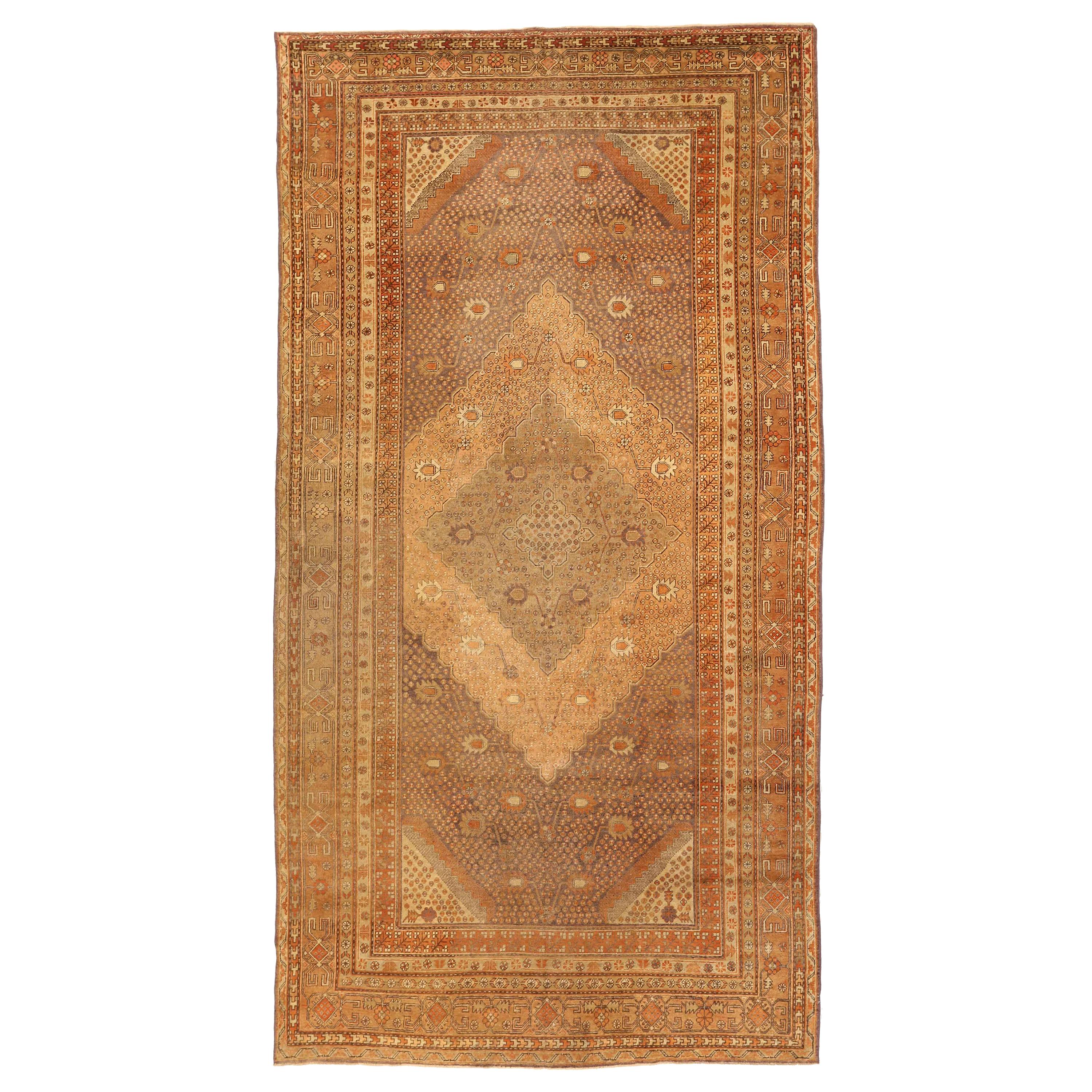 Antique Russian Khotan Rug with Brown & Ivory Diamond-Shaped Floral Details