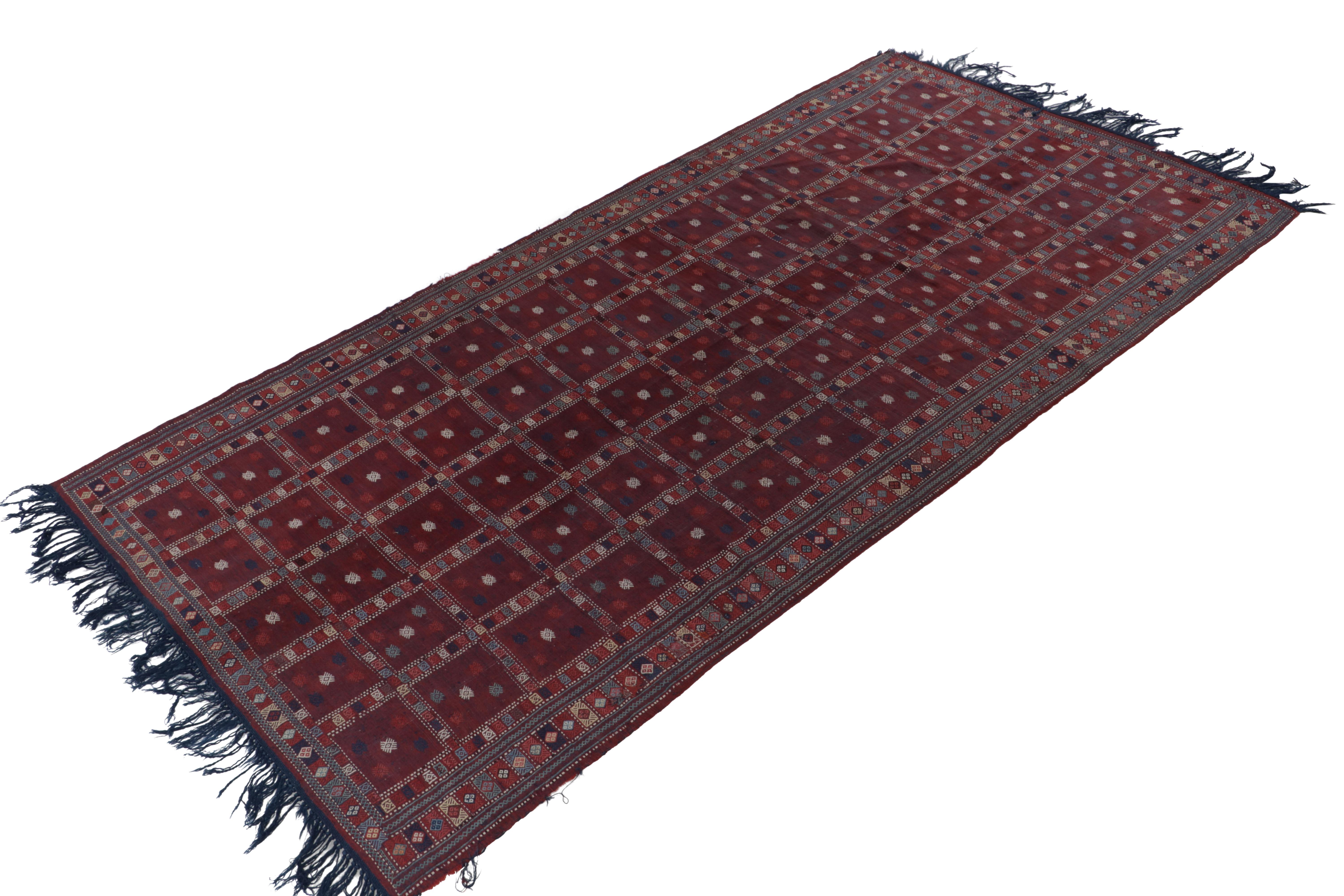 Tribal Antique Russian Kilim in Red, Blue & White Geometric Patterns by Rug & Kilim For Sale