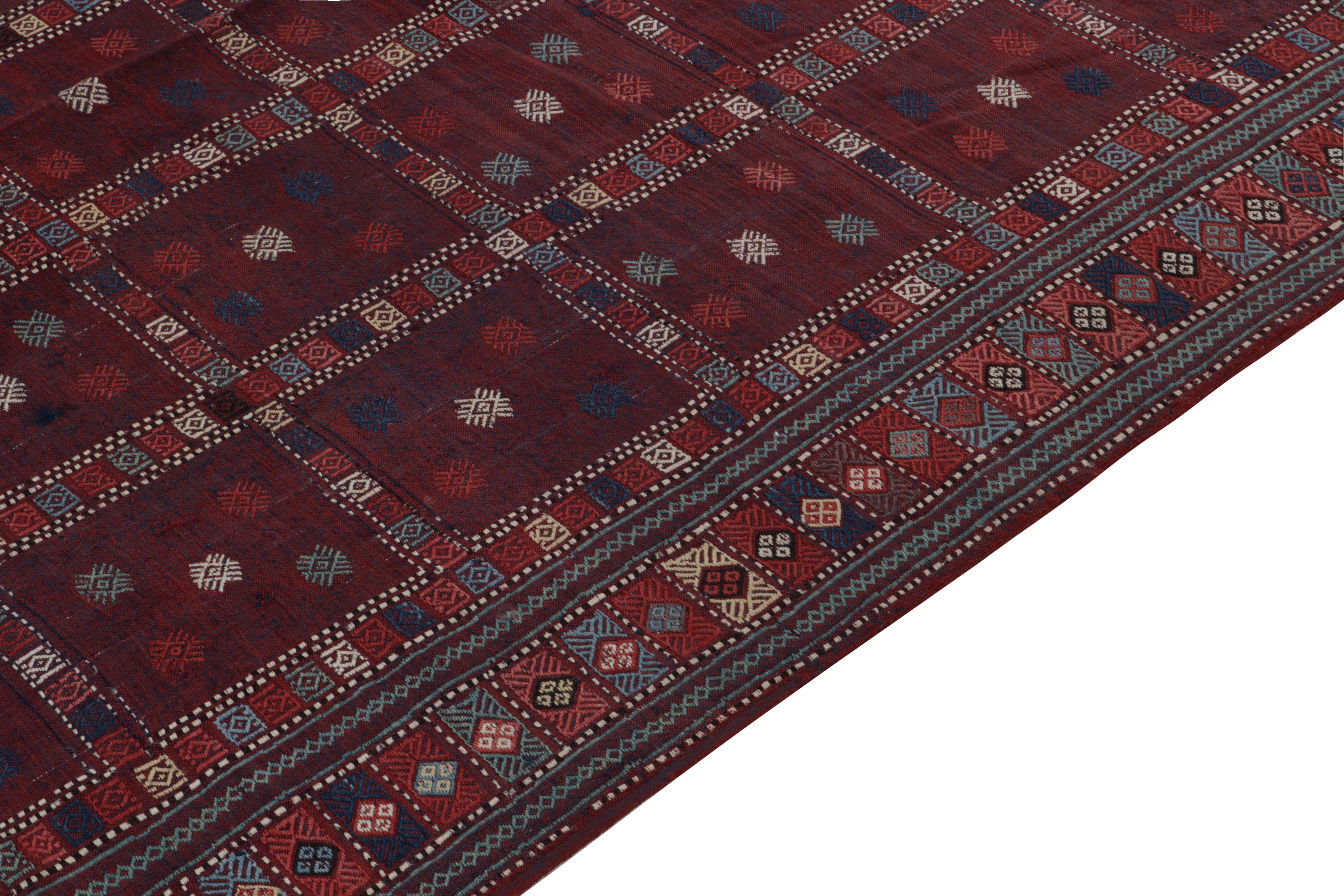 Hand-Knotted Antique Russian Kilim in Red, Blue & White Geometric Patterns by Rug & Kilim For Sale