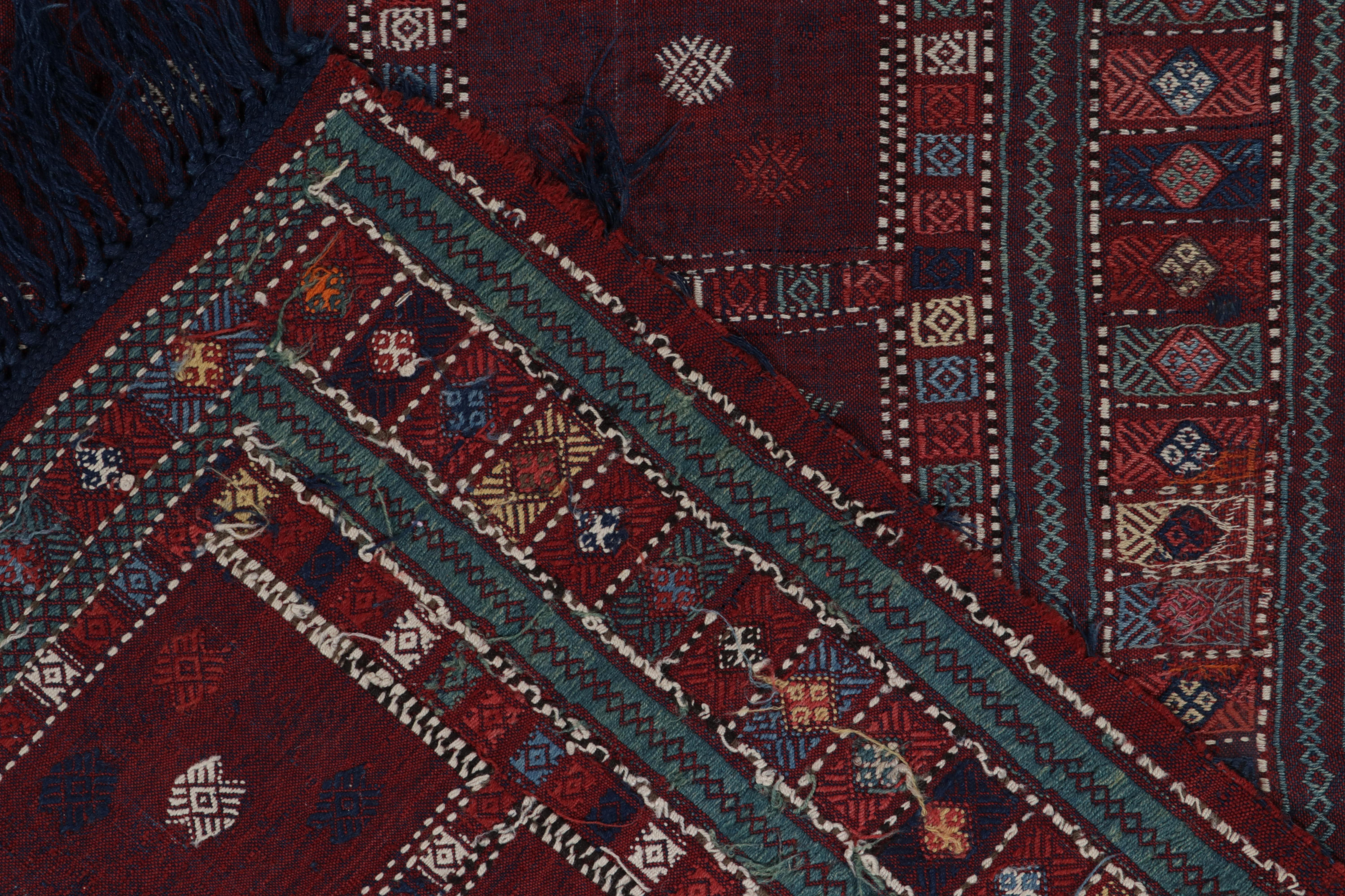 Early 20th Century Antique Russian Kilim in Red, Blue & White Geometric Patterns by Rug & Kilim For Sale