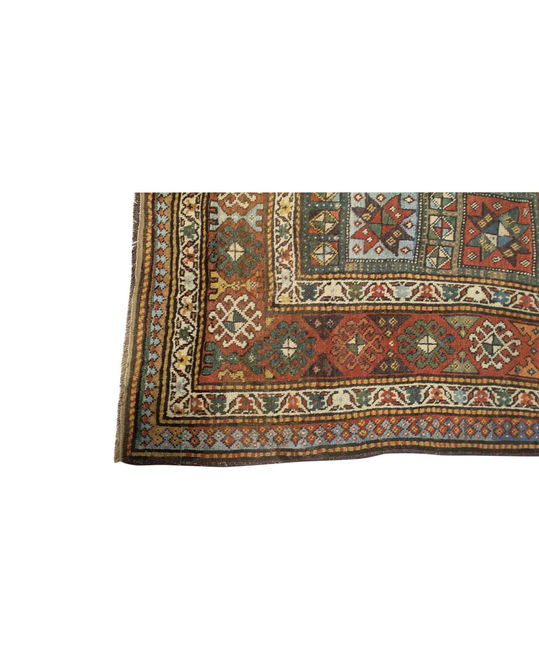 Kazak  Antique Persian Fine Traditional Handwoven Luxury Wool Green / Rust Rug For Sale