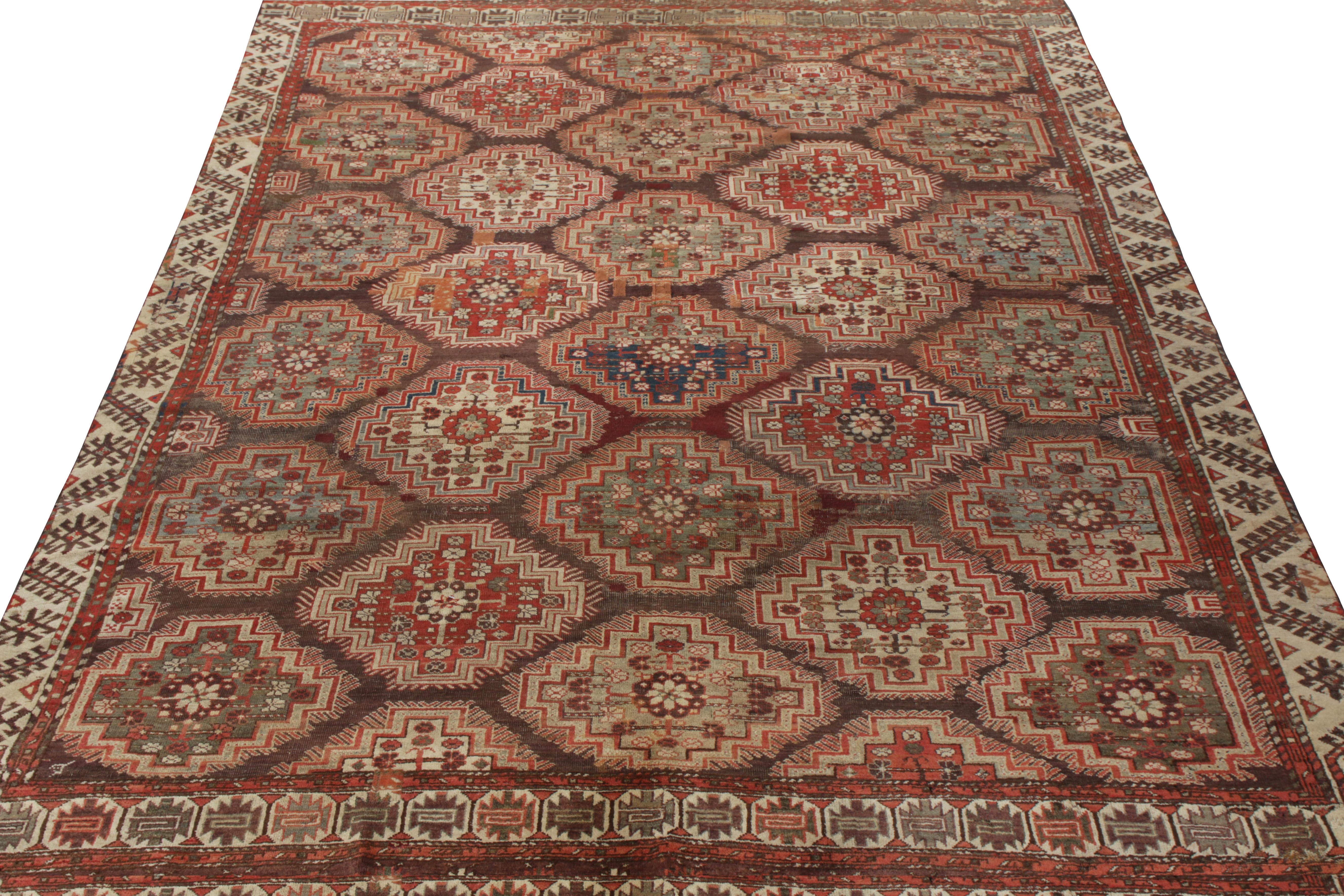 Originating from Russia circa 1860-1880, this tribal antique Kuba rug exhibits an exemplary show of geometric design. The 7x10 masterpiece boasts a delicious stepped diamond pattern cocooning a well defined geometric-floral design in shades of red,