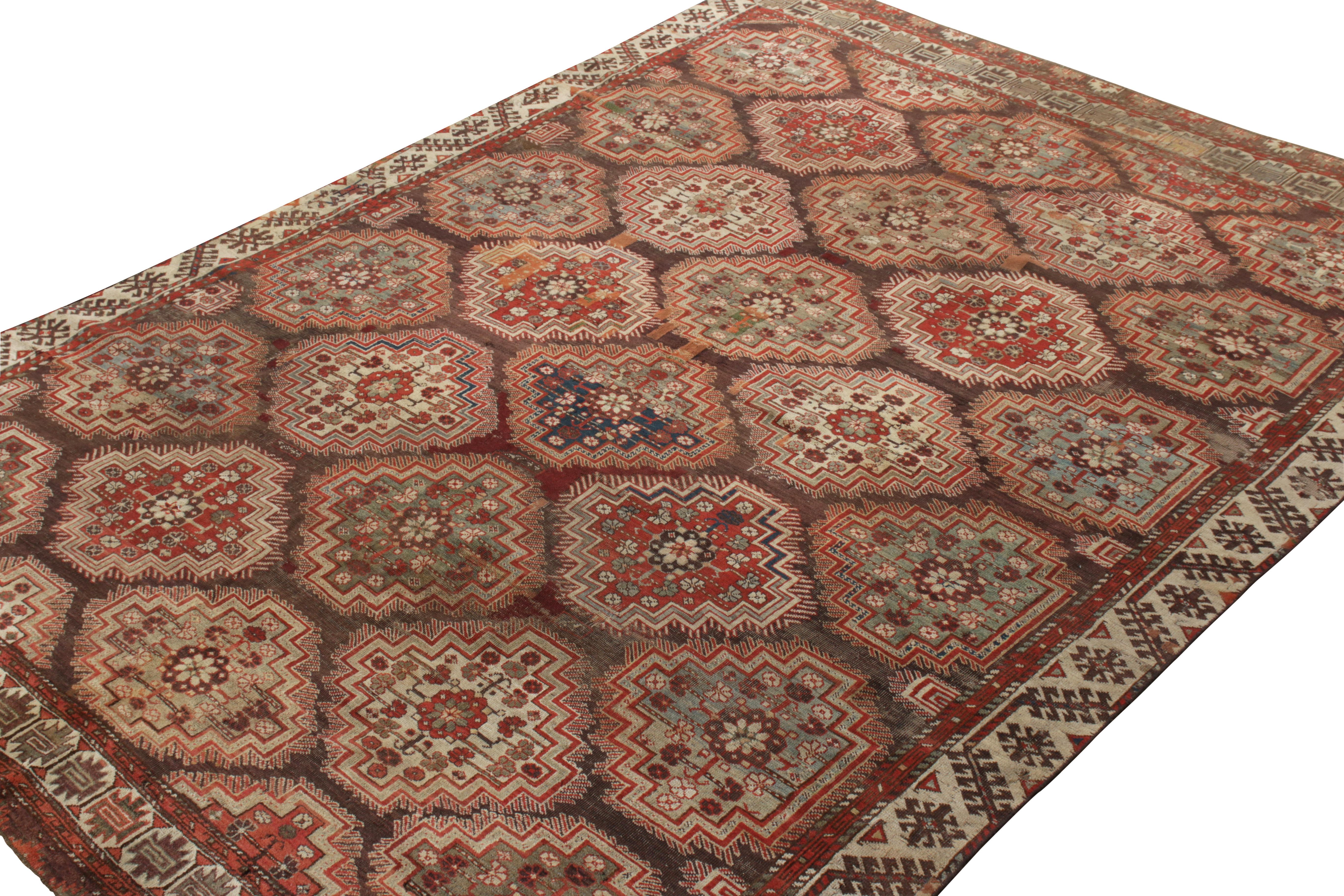 Tribal Antique Russian Kuba Rug in All over Red Brown, Geometric Pattern by Rug & Kilim For Sale