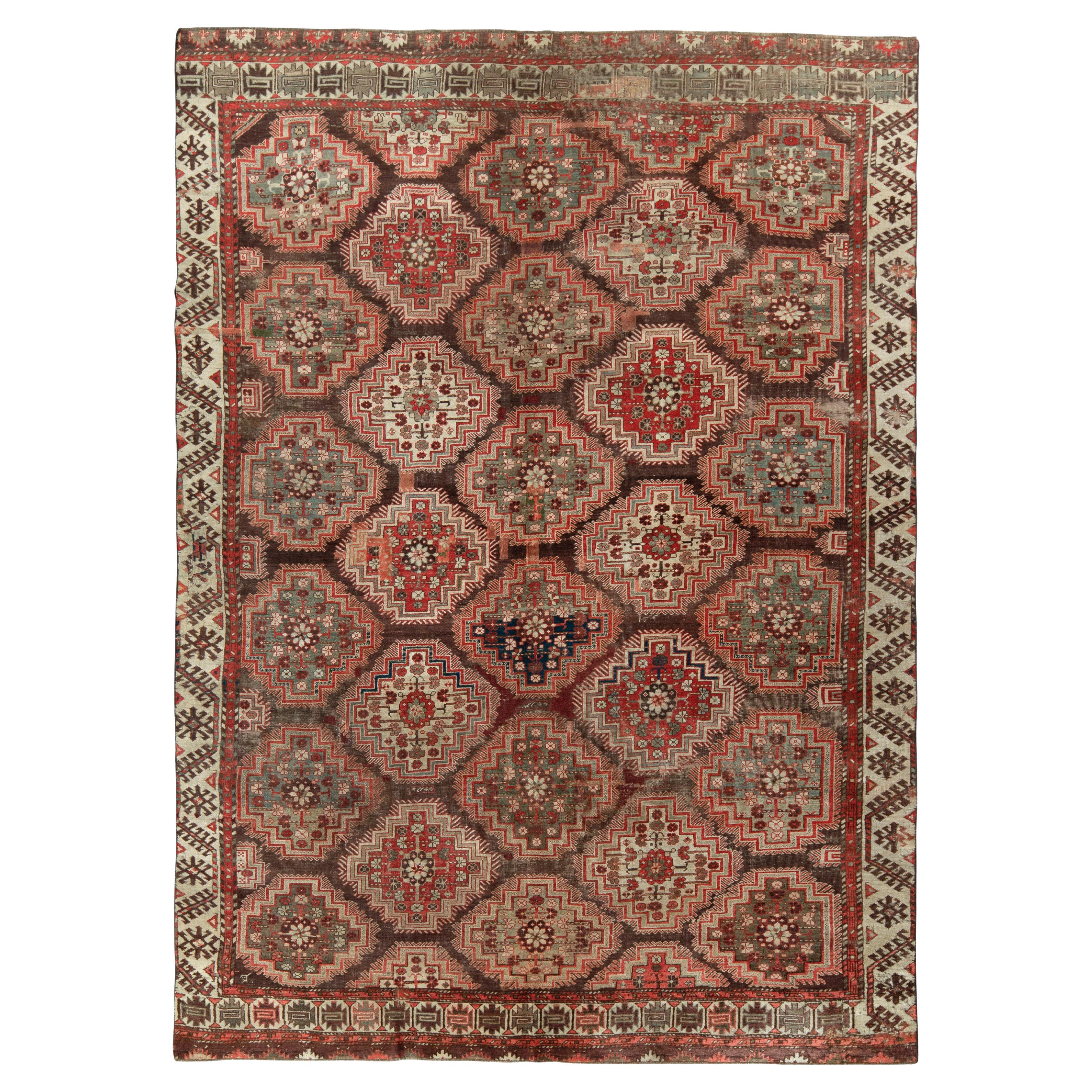 Antique Russian Kuba Rug in All over Red Brown, Geometric Pattern by Rug & Kilim For Sale
