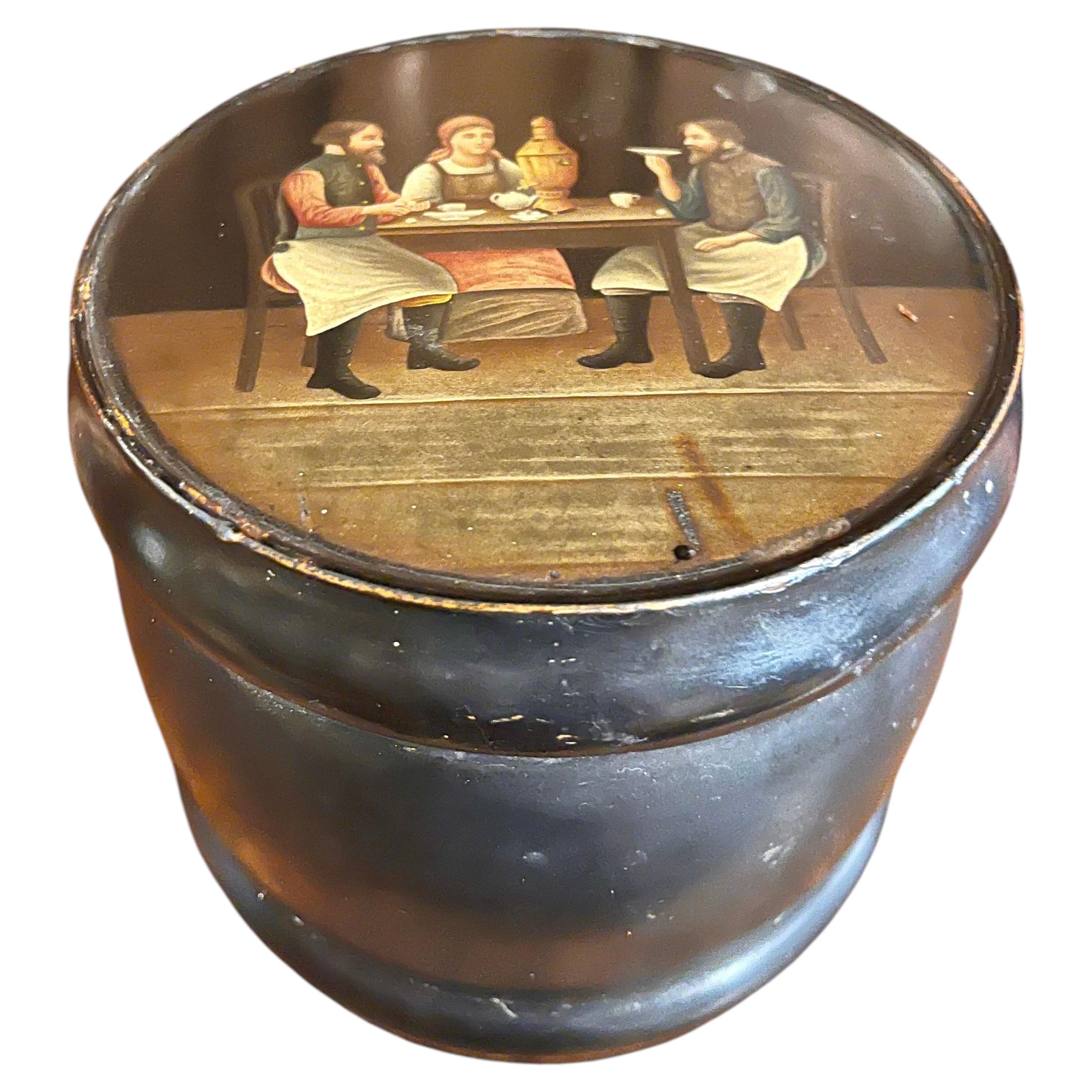 Antique Russian Lacquer Lined Humidor Tobacco Box Hand Painted Paper Mache 19thC