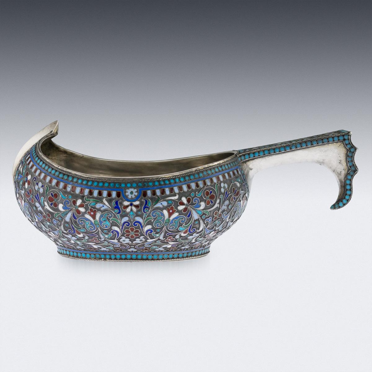 Antique Russian large solid silver and enamel Kovsh, Victor Akimov, circa 1890.

Antique late-19th century imperial Russian large solid silver and cloisonne' enamel kovsh, with raised prow and hook handle, beautifully decorated with traditional