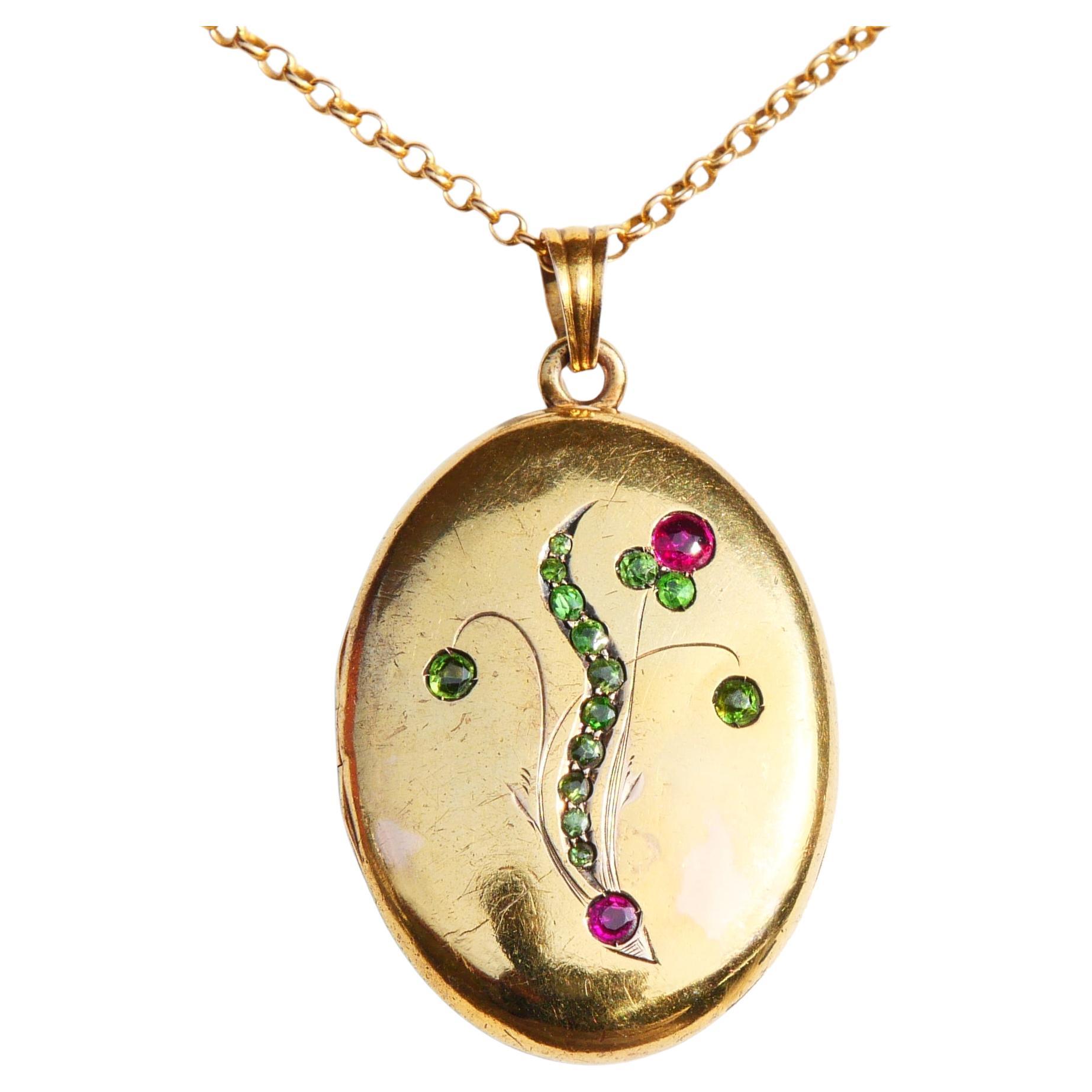 Antique Russian Locket Pendant natural Ruby Demantoid solid 56(14K) Gold / 10gr