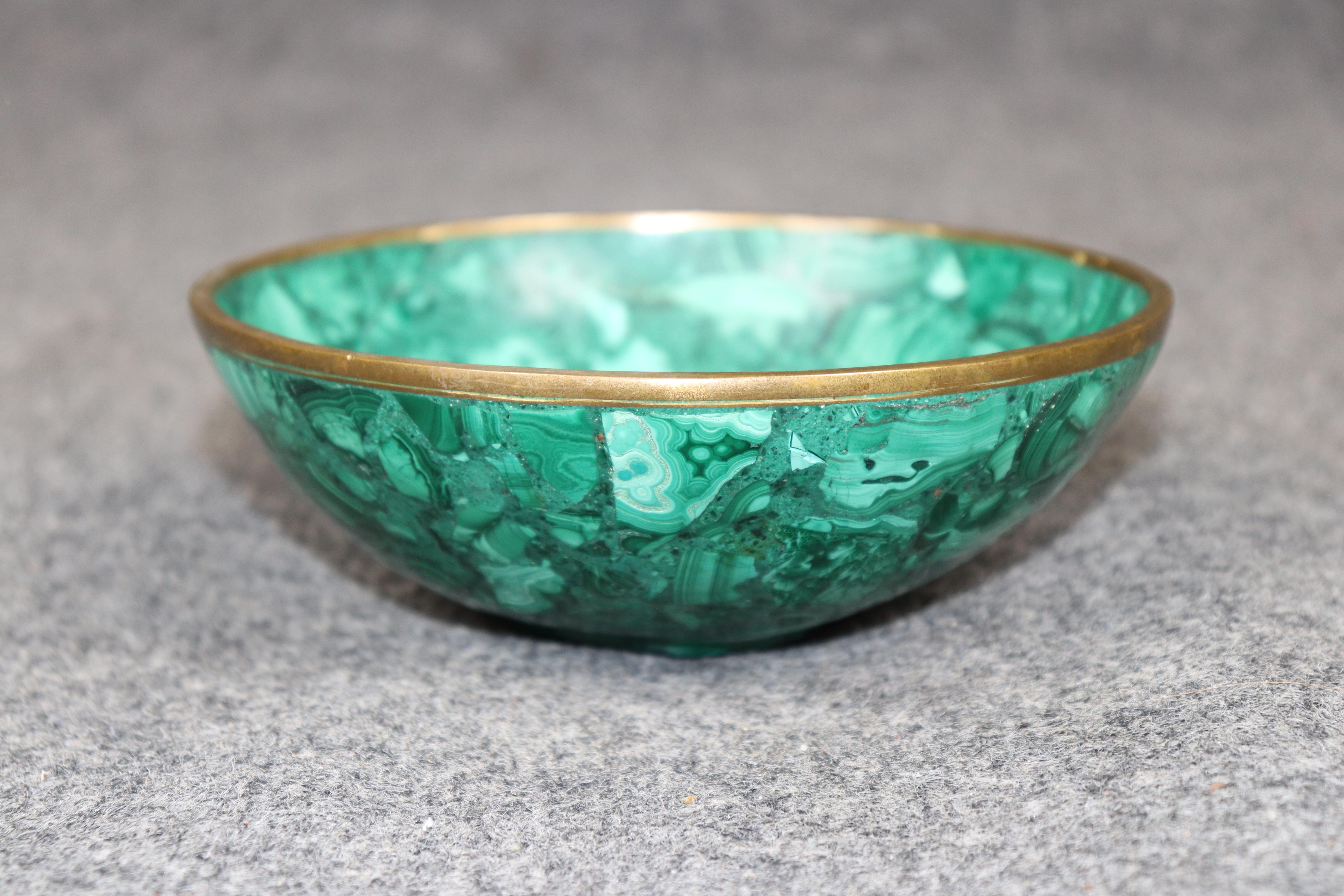 Hand-Carved Antique Russian Malachite and Bronze Bowl For Sale