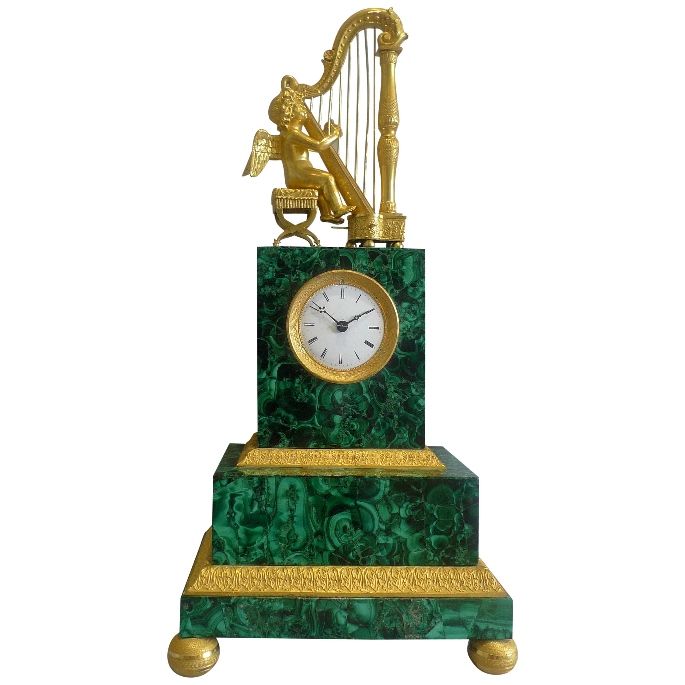 Antique Russian Malachite and Gilt Bronze Mantel Clock