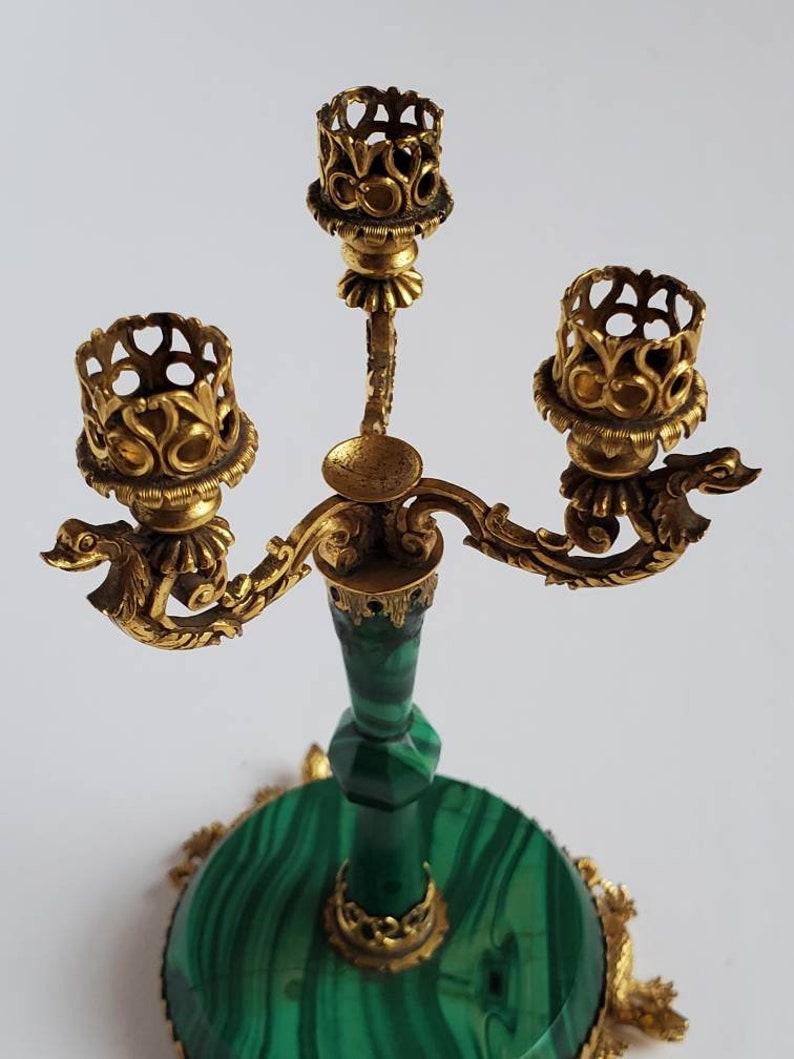 Gilt Antique Russian Malachite Miniature Candelabra For Sale