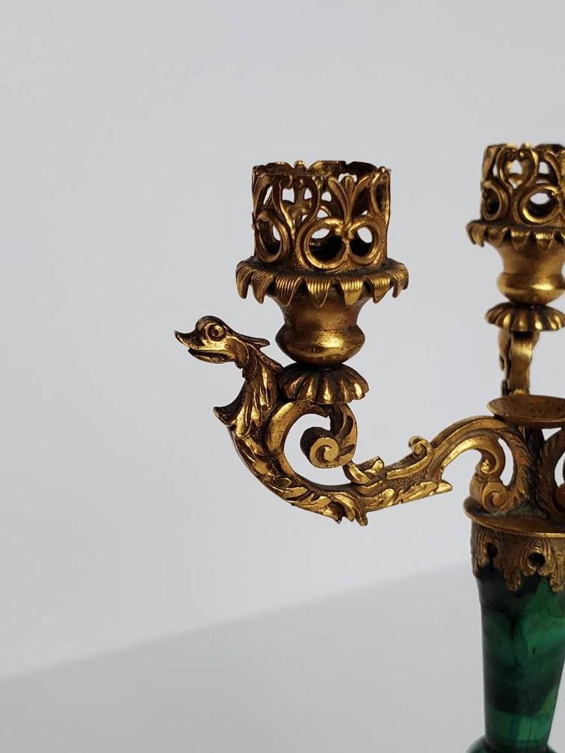 Antique Russian Malachite Miniature Candelabra In Good Condition For Sale In Forney, TX