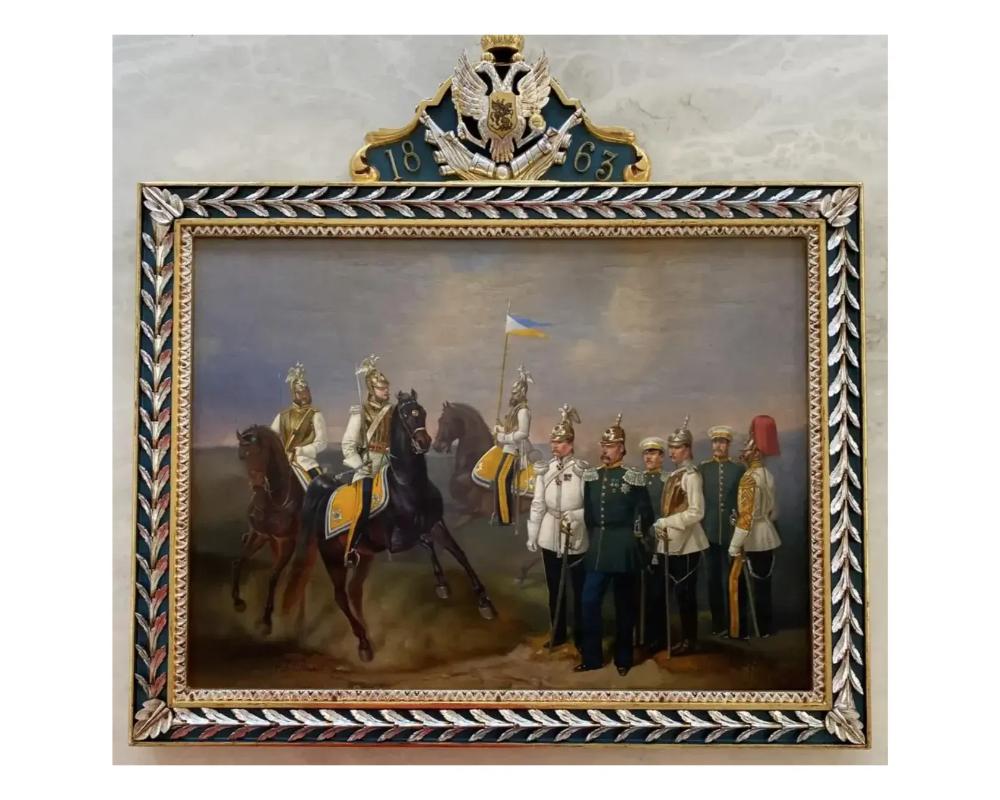 Antique Russian military presentation painting oil on canvas a His Majesty's Cuirassier Regiment, 1863 by: Adolf Jebens German: 1819 - 1888.
a group of ranks of the Life Guards of His Majesty's Cuirassier Regiment, 1863.

“ On the reverse side is