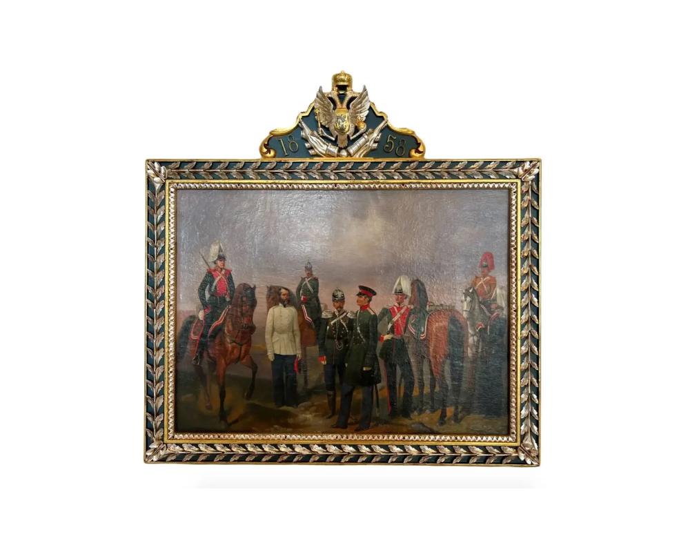 Adolf Jebens (German: 1819 - 1888). 
Antique Russianmilitary presentation painting oil on canvas depicting Colonel Chervonny II by: Adolf Jebens

Oil painting on canvas portraying a group of officials of the life guards dragoon