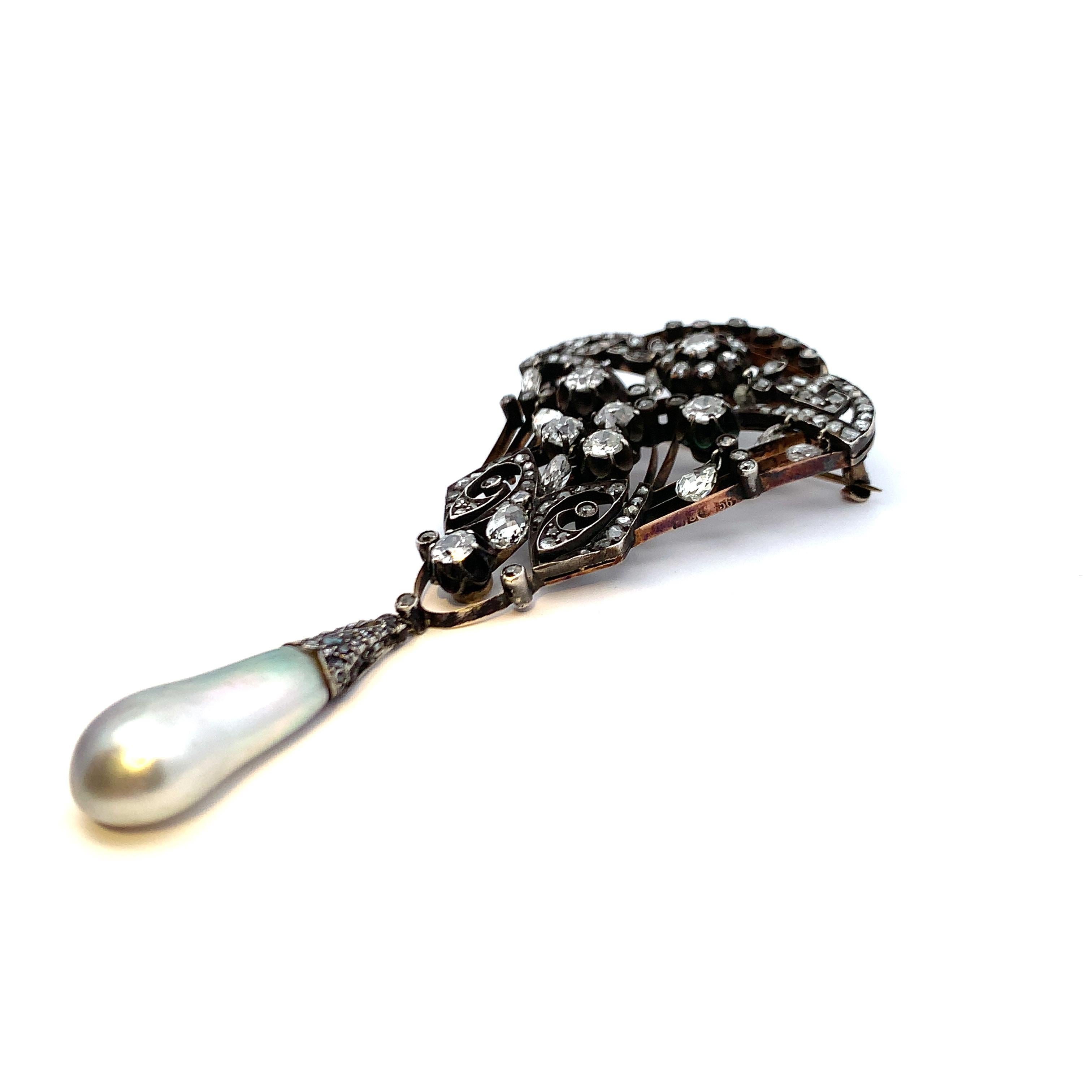Antique Russian Natural Saltwater Pearl and Diamond Brooch  For Sale 1