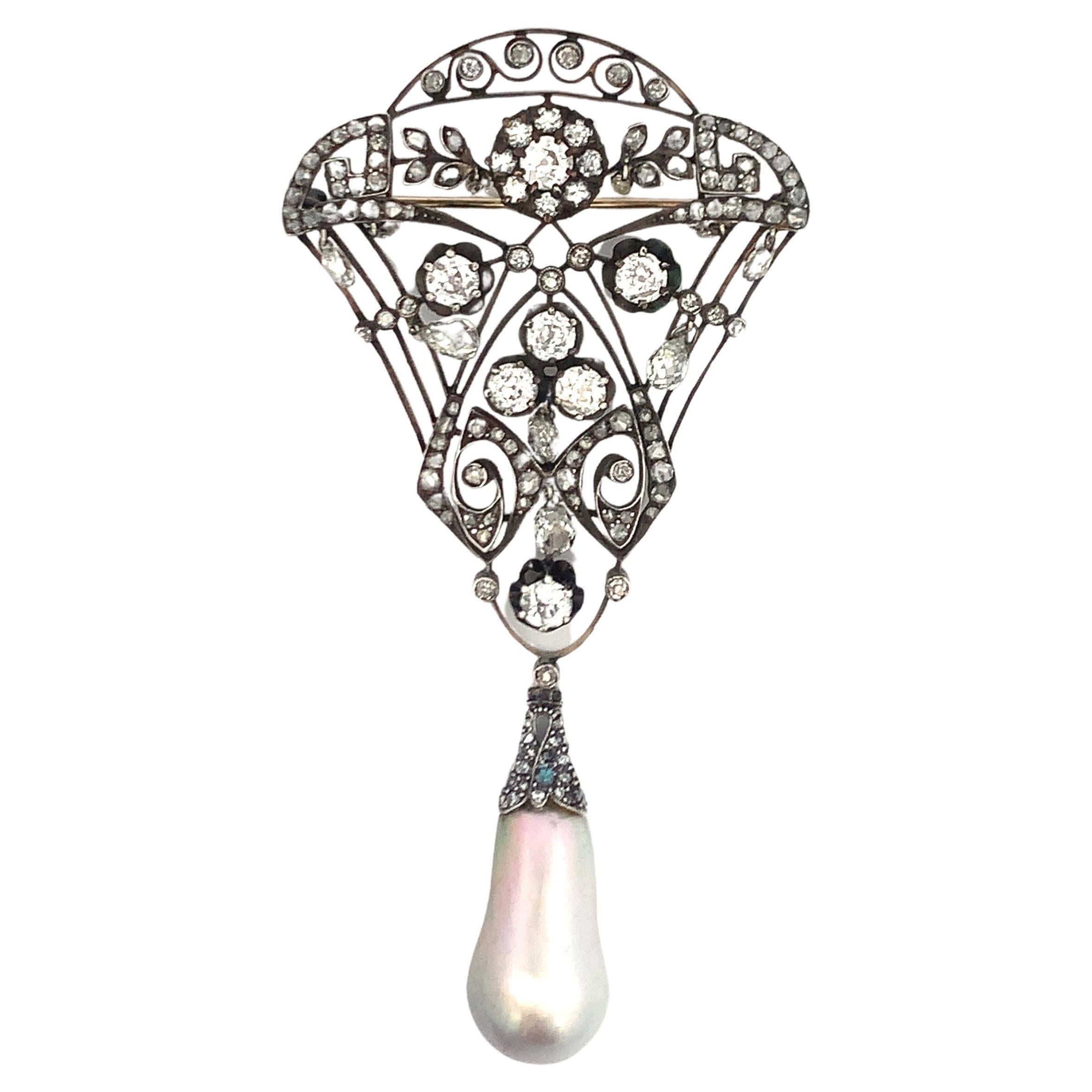 Antique Russian Natural Saltwater Pearl and Diamond Brooch  For Sale