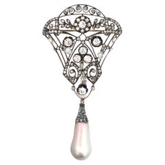 Antique Russian Natural Saltwater Pearl and Diamond Brooch 