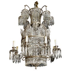 Antique Russian Neoclassical Balloon Form Silvered Bronze and Crystal Chandelier