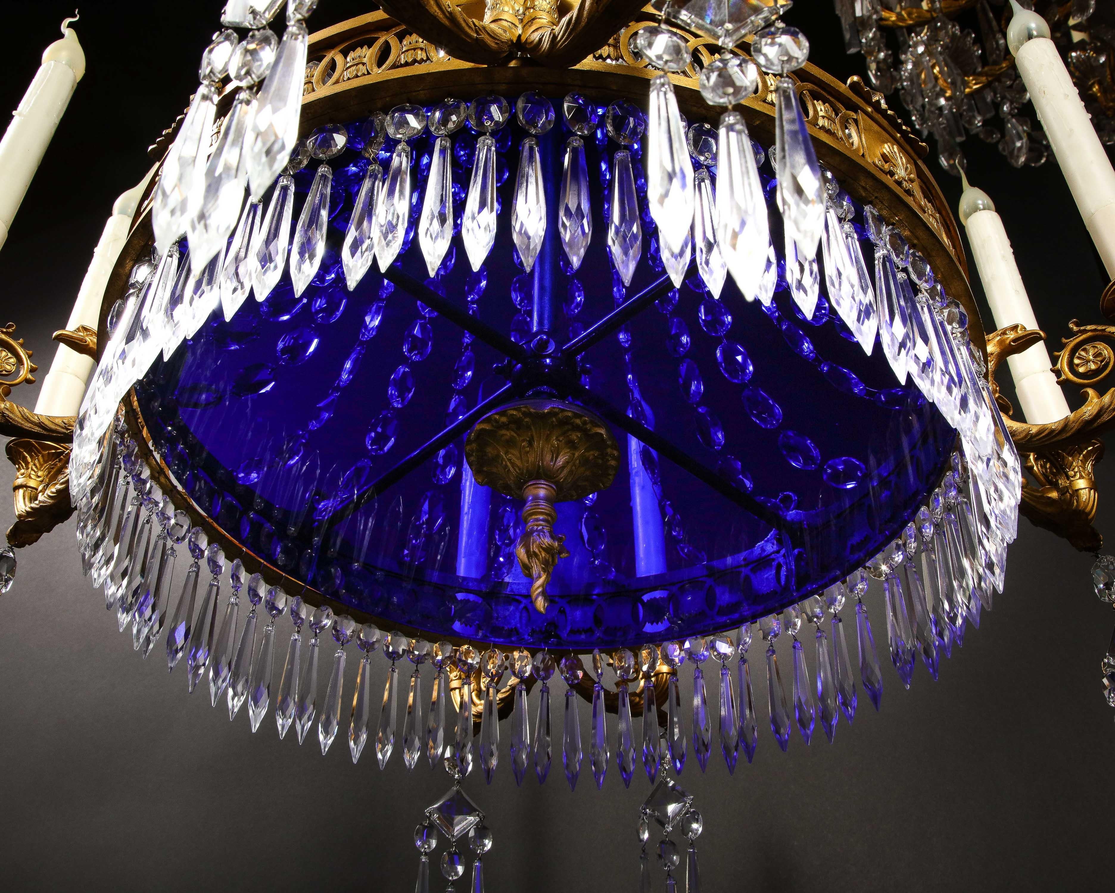 Antique Russian Neoclassical Gilt Bronze and Cut Crystal Cobalt Glass Chandelier For Sale 5