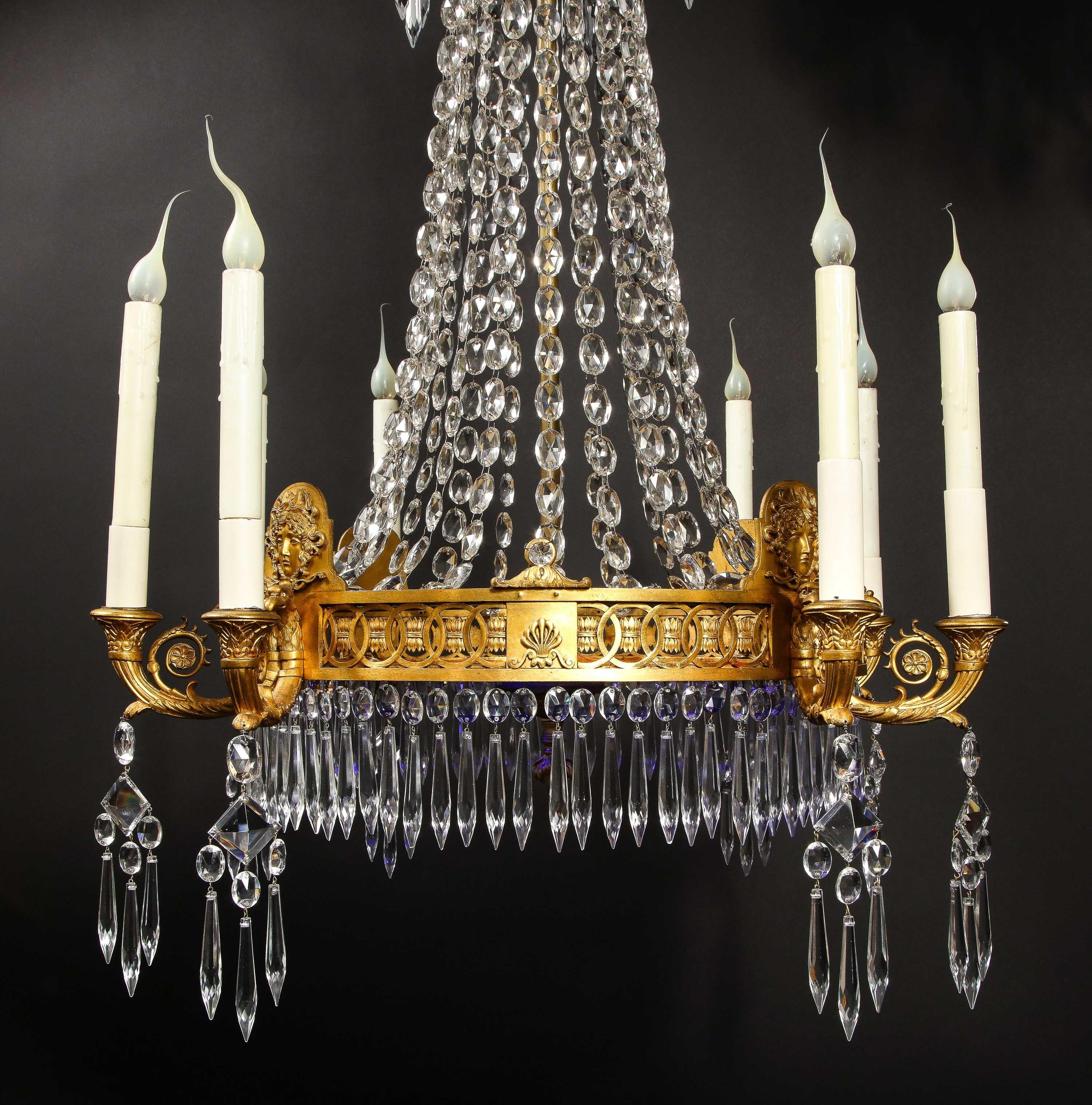 Antique Russian Neoclassical Gilt Bronze and Cut Crystal Cobalt Glass Chandelier For Sale 7