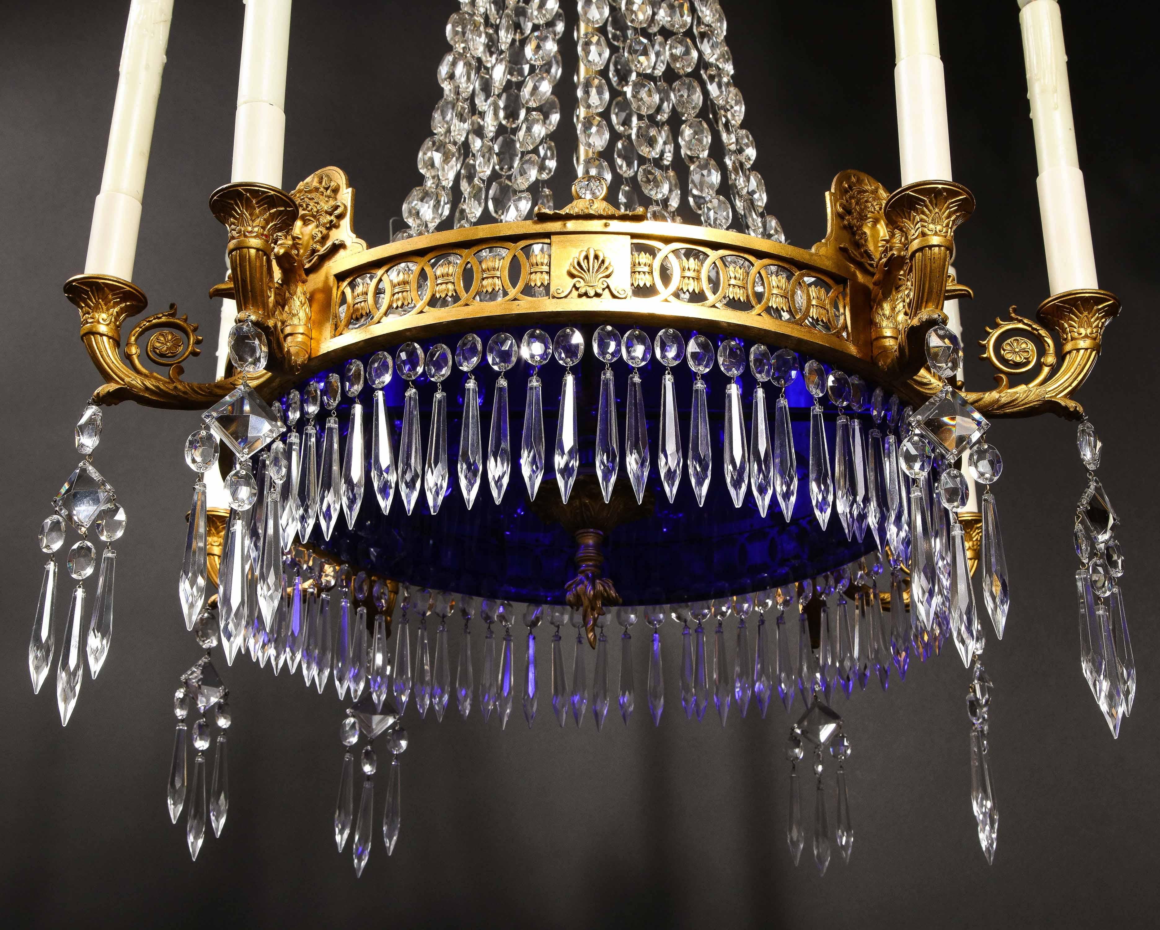 Antique Russian Neoclassical Gilt Bronze and Cut Crystal Cobalt Glass Chandelier For Sale 8