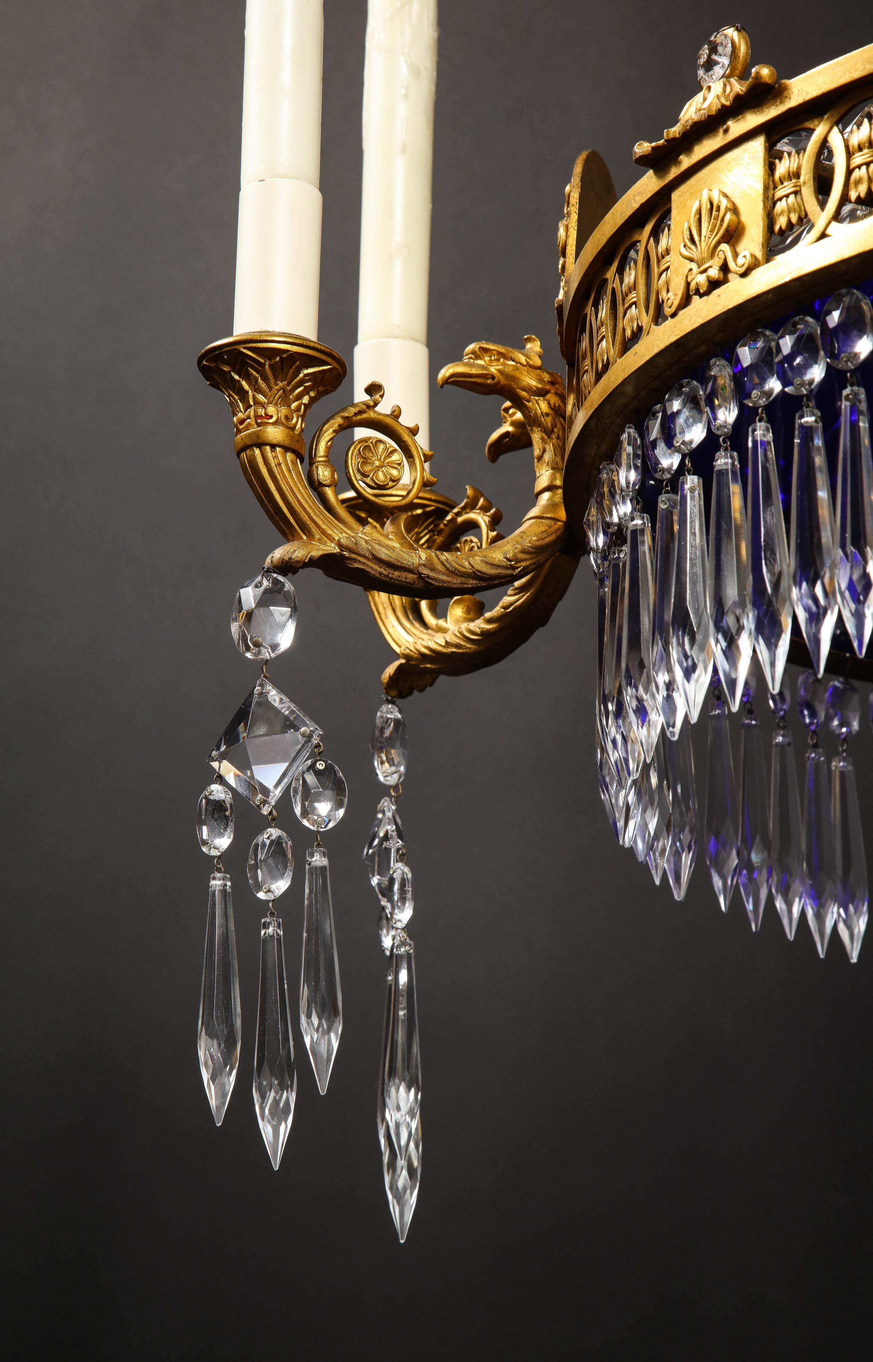 Antique Russian Neoclassical Gilt Bronze and Cut Crystal Cobalt Glass Chandelier For Sale 9