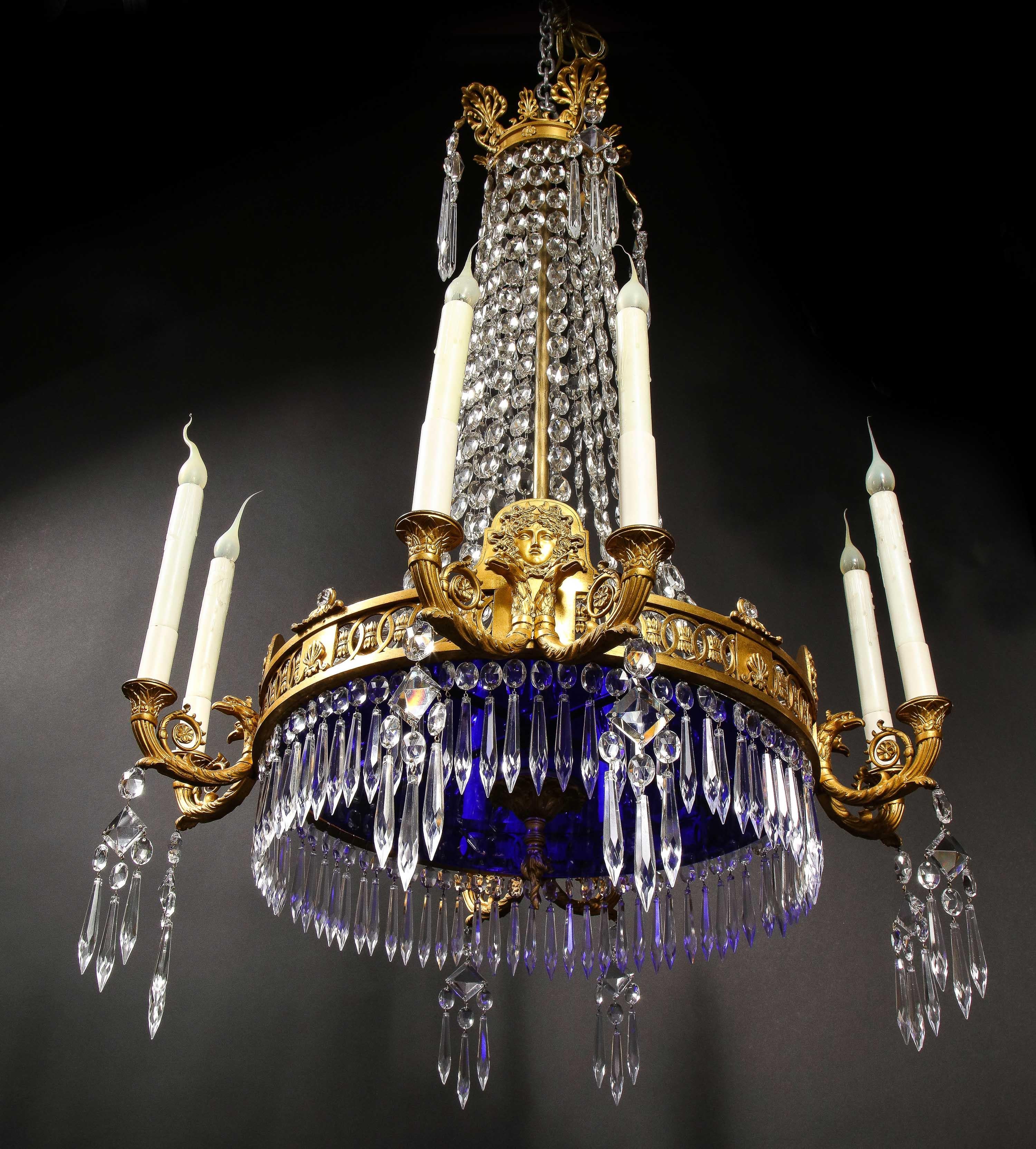 Antique Russian Neoclassical Gilt Bronze and Cut Crystal Cobalt Glass Chandelier For Sale 10