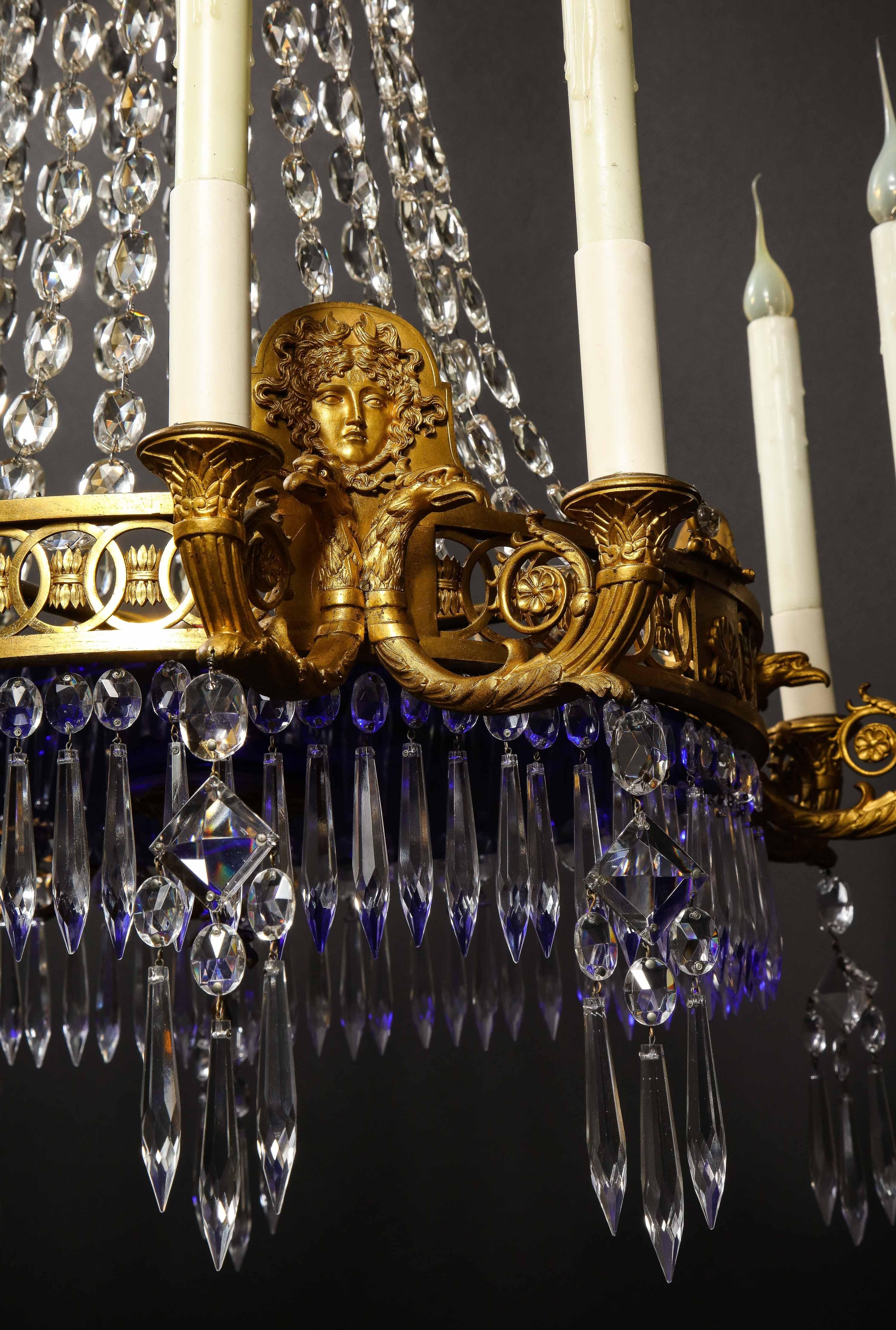 Antique Russian Neoclassical Gilt Bronze and Cut Crystal Cobalt Glass Chandelier For Sale 15