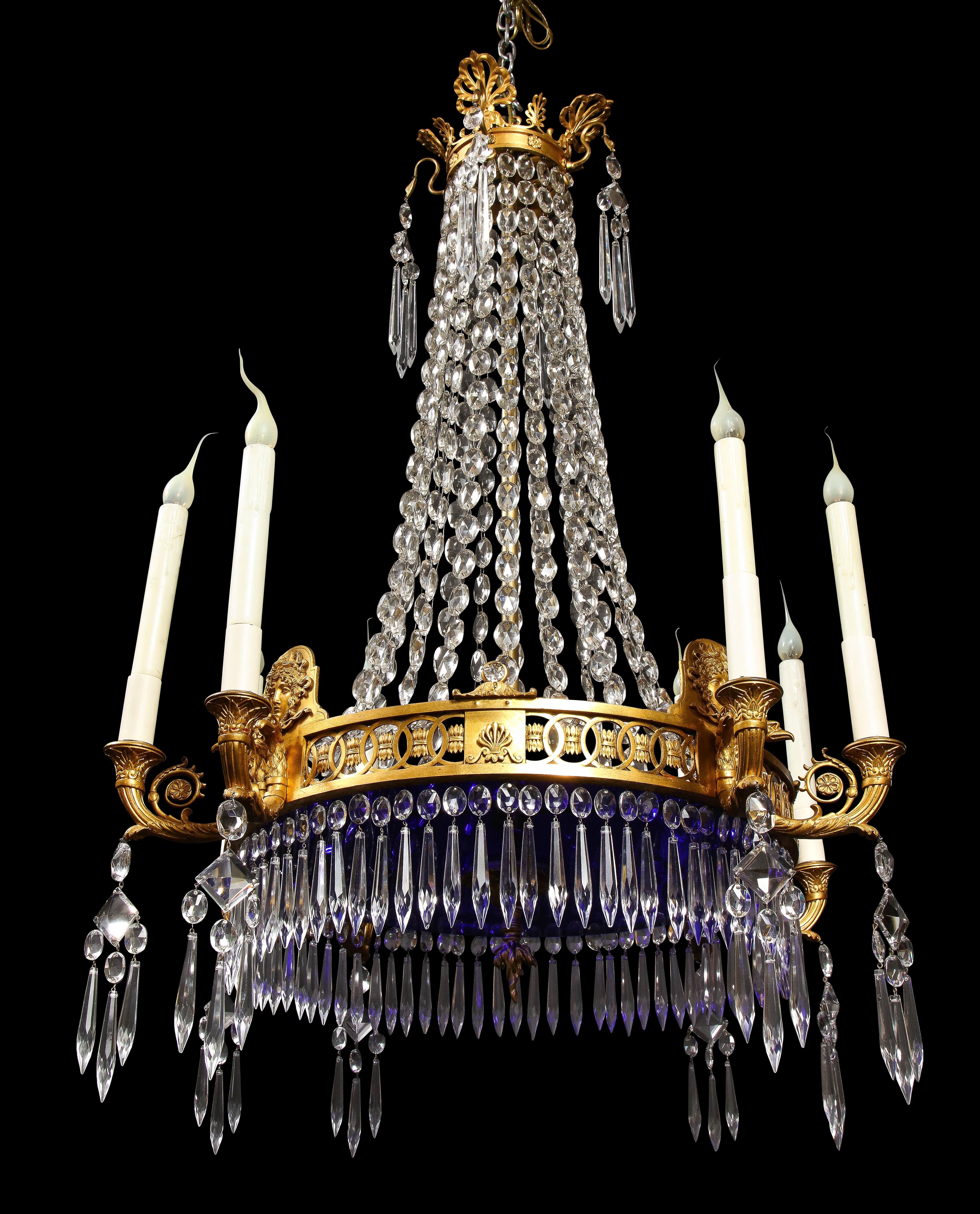 European Antique Russian Neoclassical Gilt Bronze and Cut Crystal Cobalt Glass Chandelier For Sale