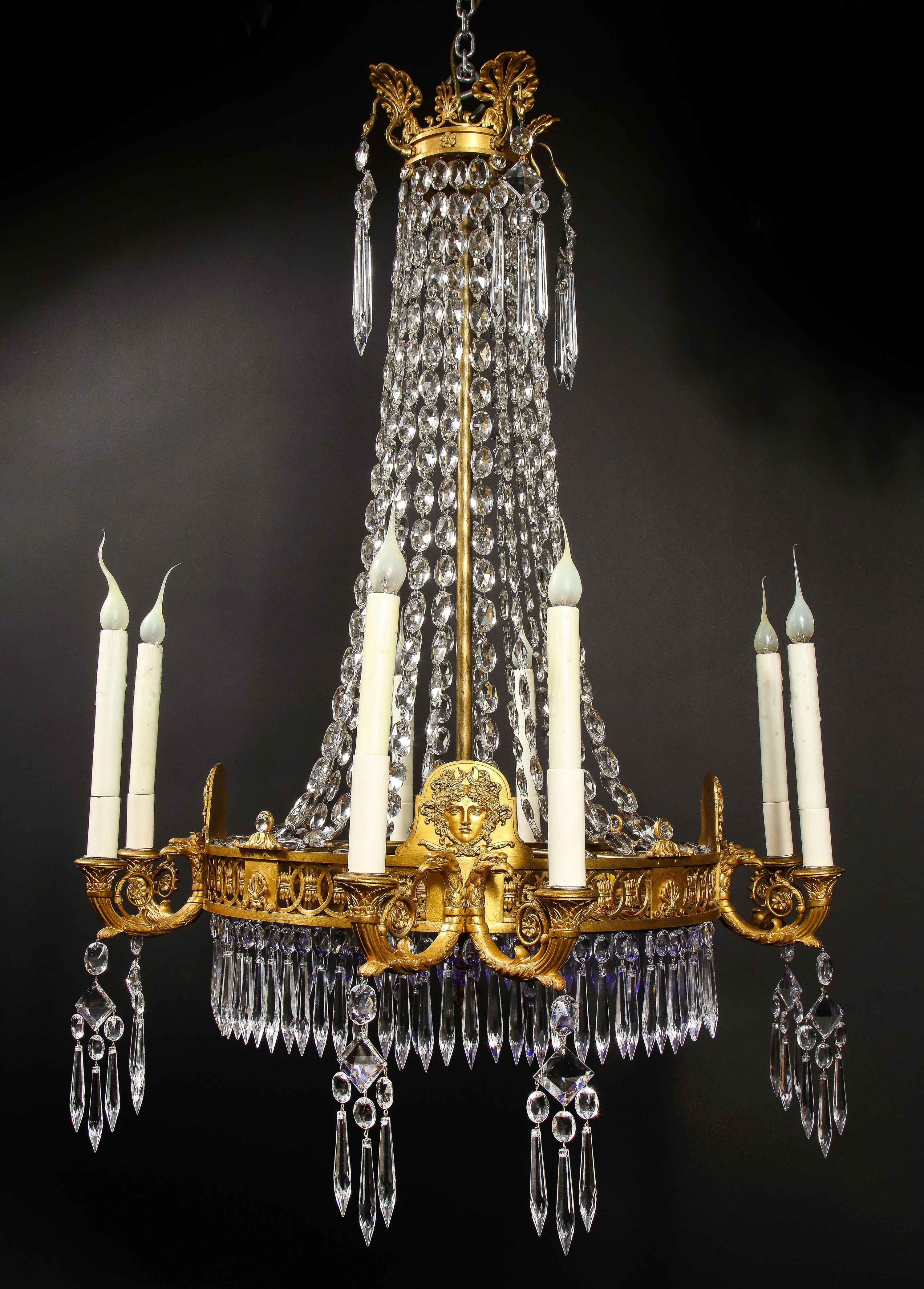 Antique Russian Neoclassical Gilt Bronze and Cut Crystal Cobalt Glass Chandelier In Good Condition In New York, NY