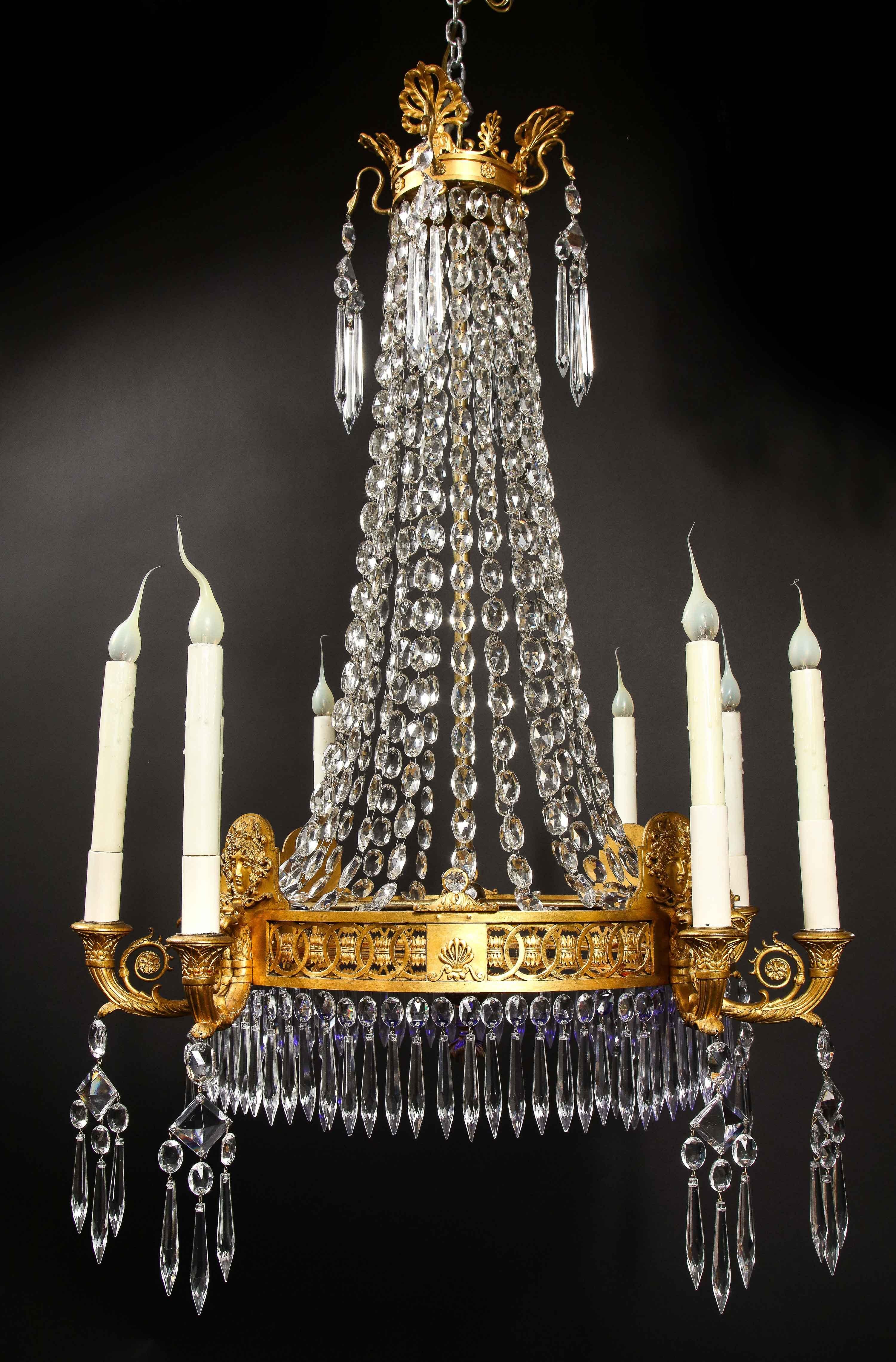 20th Century Antique Russian Neoclassical Gilt Bronze and Cut Crystal Cobalt Glass Chandelier