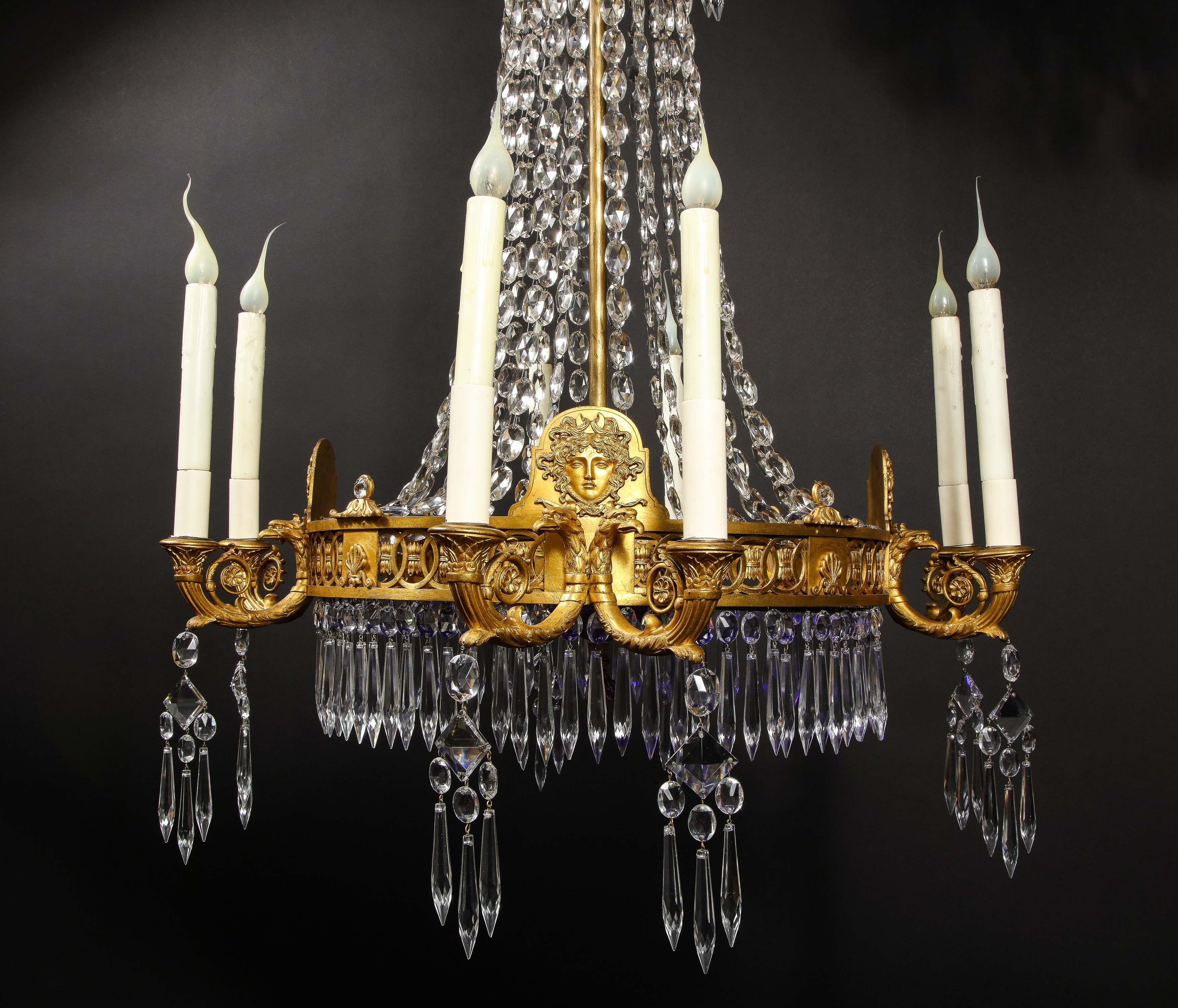 Antique Russian Neoclassical Gilt Bronze and Cut Crystal Cobalt Glass Chandelier For Sale 1