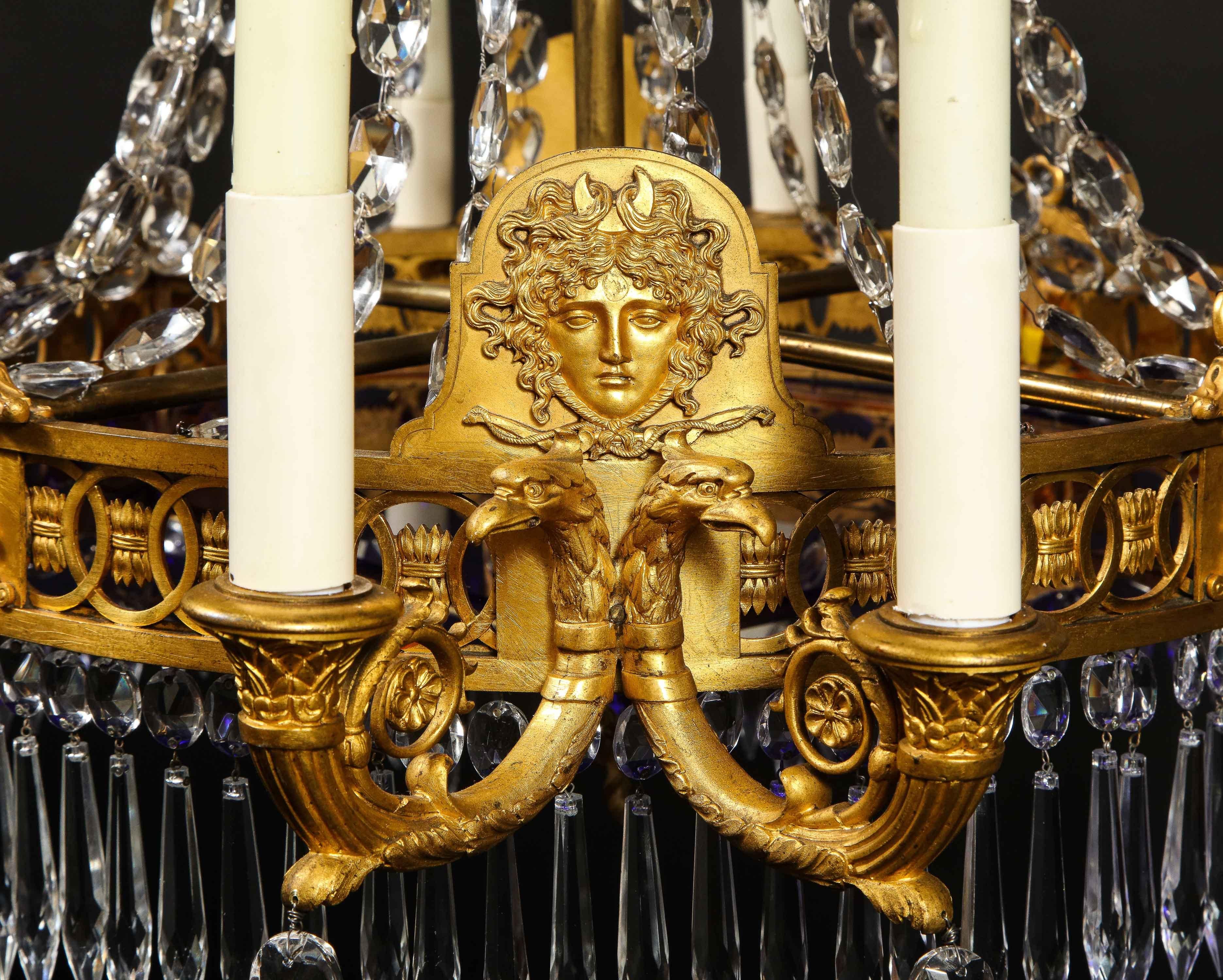 Antique Russian Neoclassical Gilt Bronze and Cut Crystal Cobalt Glass Chandelier For Sale 4