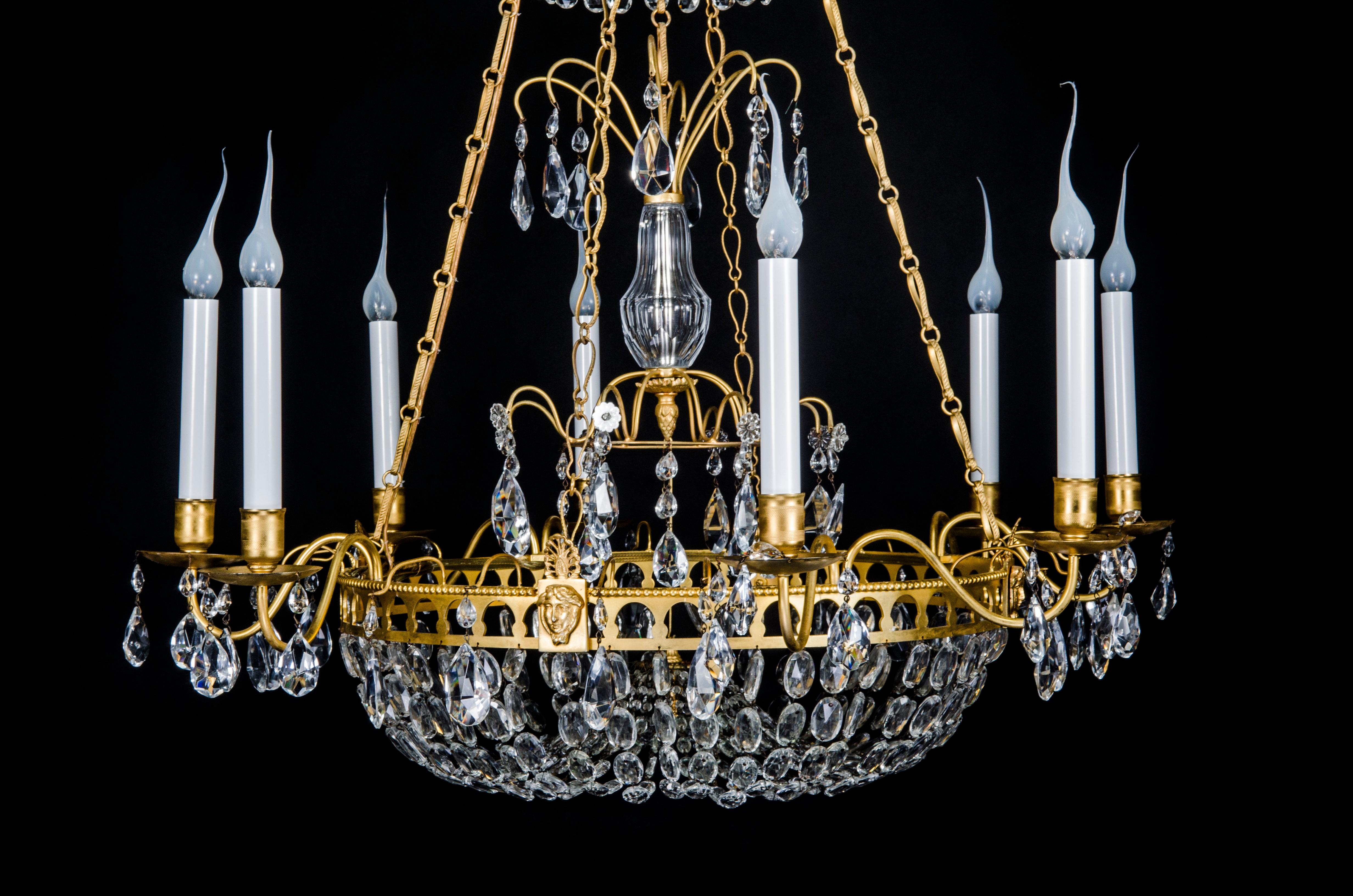 Antique Russian Neoclassical Gilt Bronze & Cut Crystal Figural Chandelier In Good Condition For Sale In New York, NY