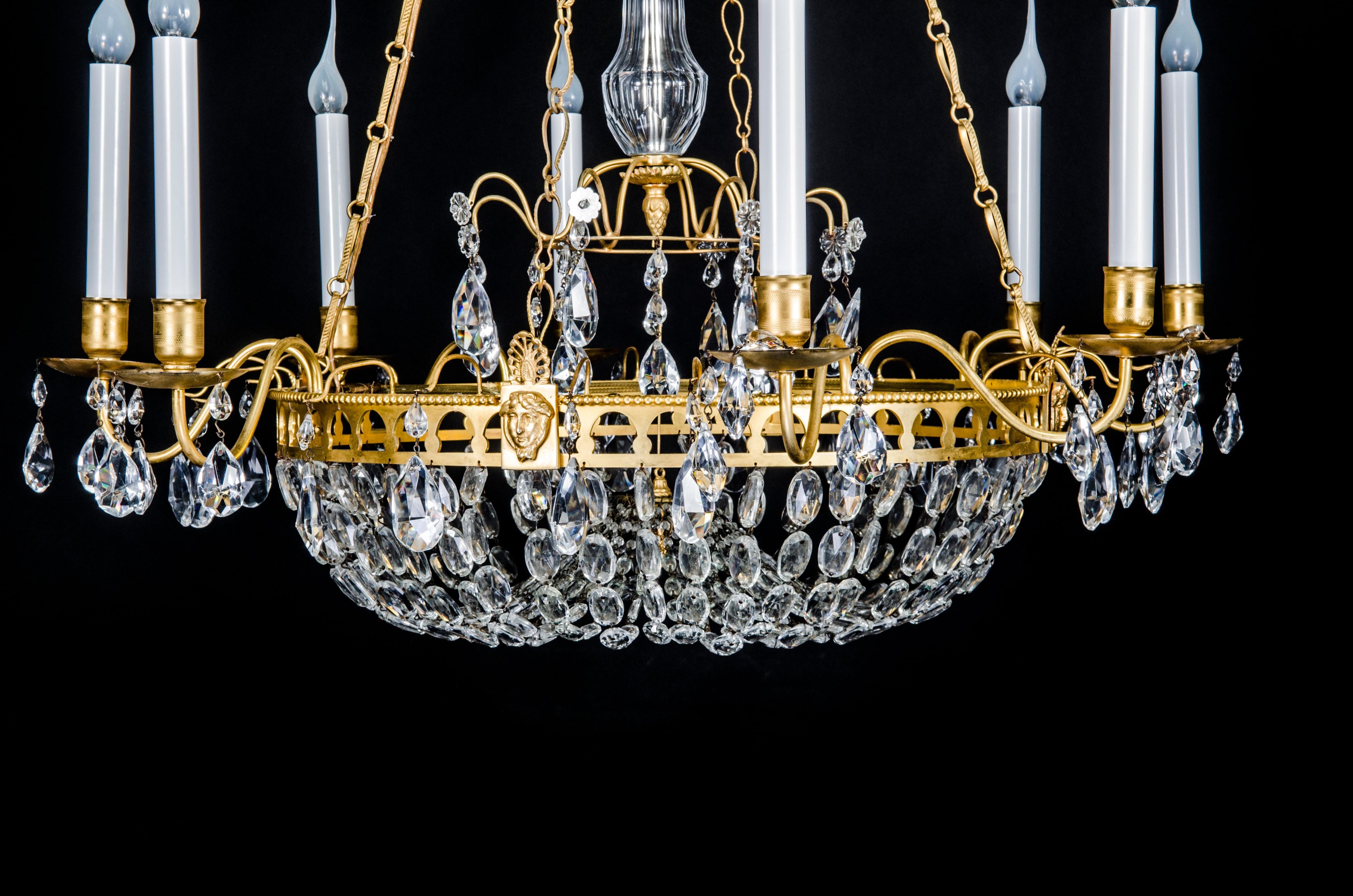 Antique Russian Neoclassical Gilt Bronze & Cut Crystal Figural Chandelier For Sale 1